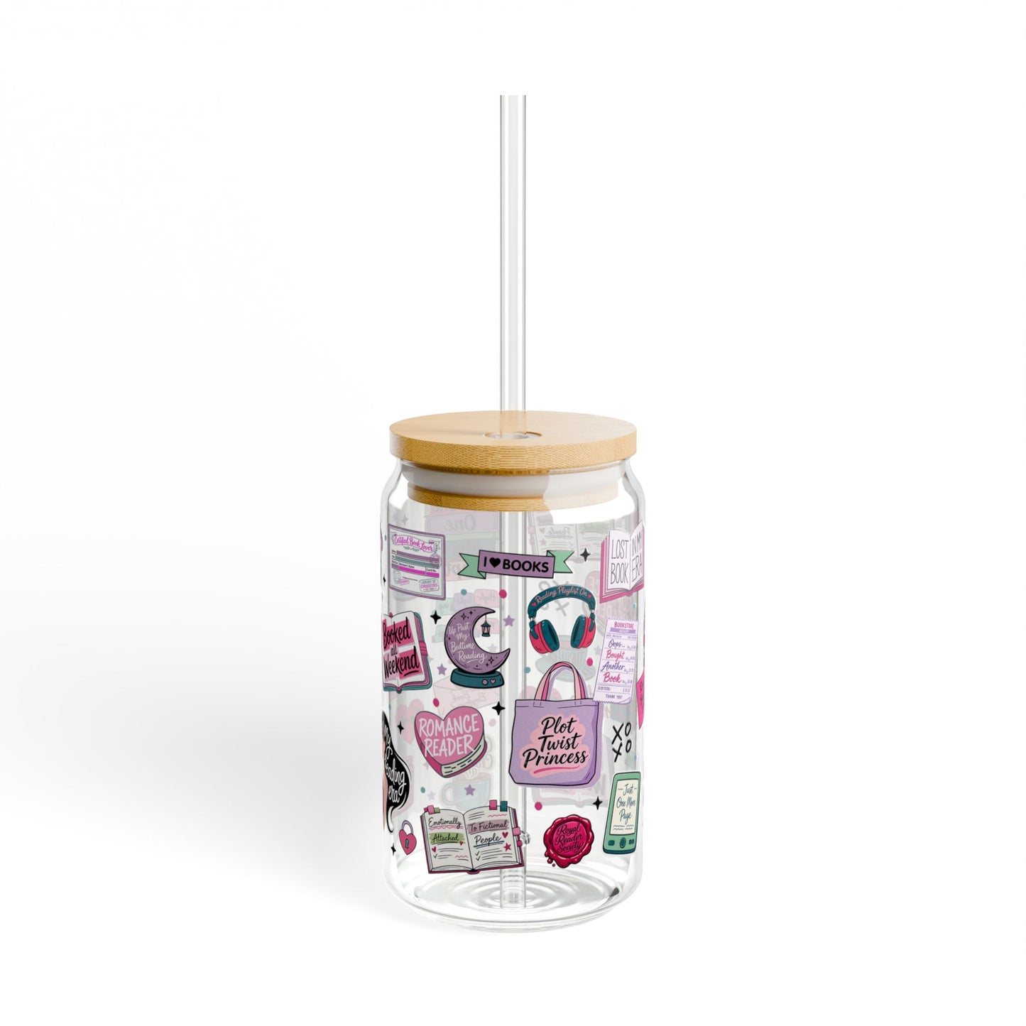 Romance Reader 16oz Sipper Glass with Retro Pink Sticker Collage