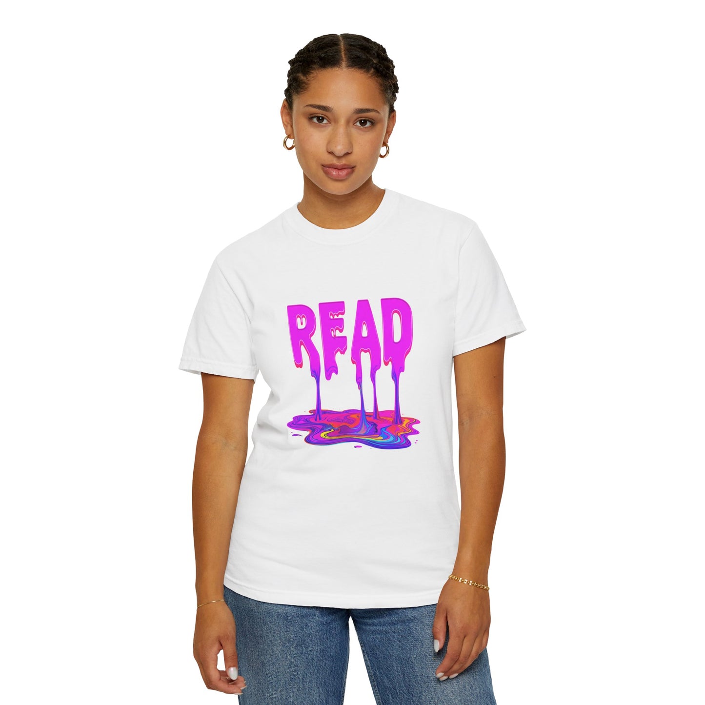 "READ" Dripping Graphic T-Shirt — Psychedelic Melting Book Design
