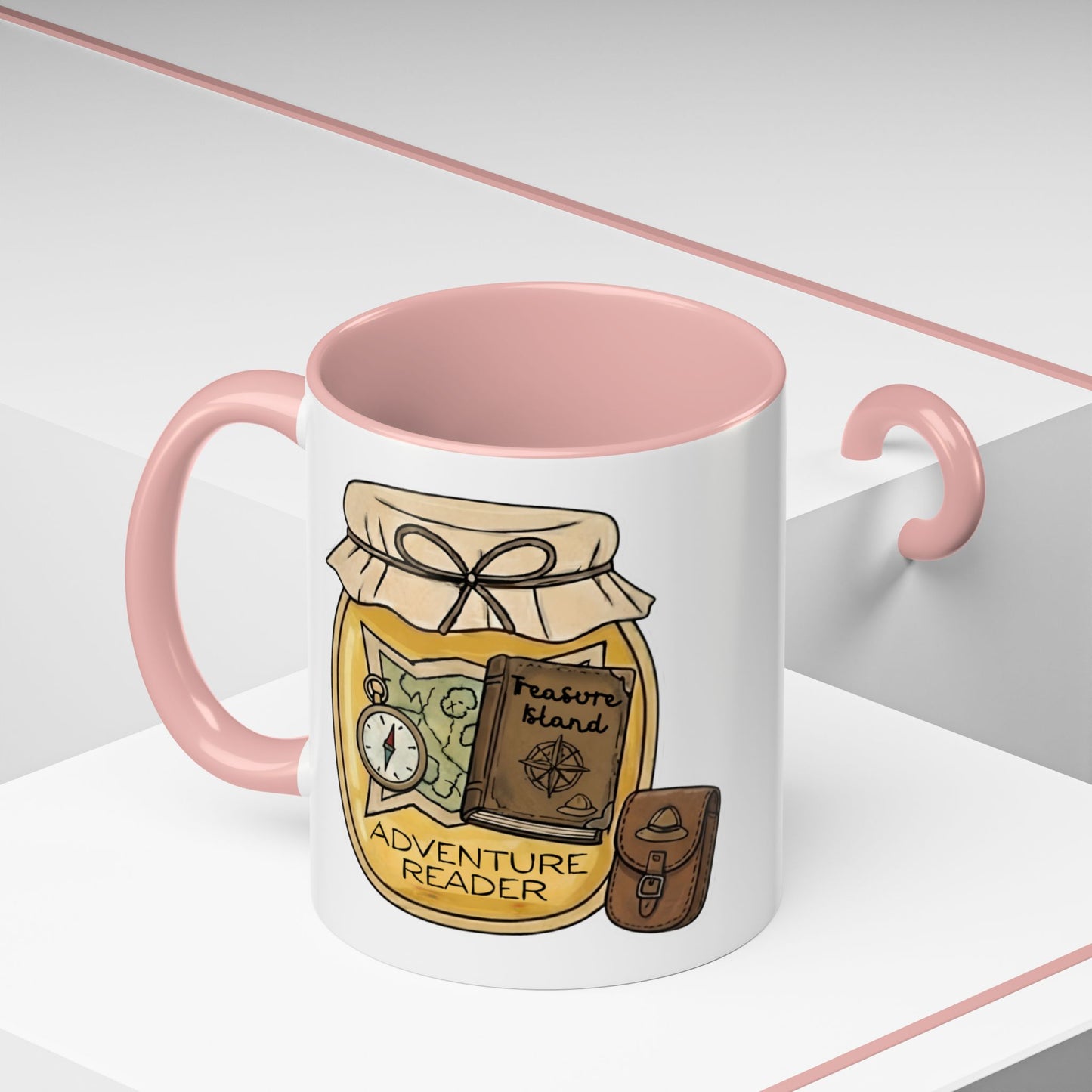 "Adventure Reader" Accent Coffee Mug — Bookish Travel Compass & Treasure Jam Jar Design