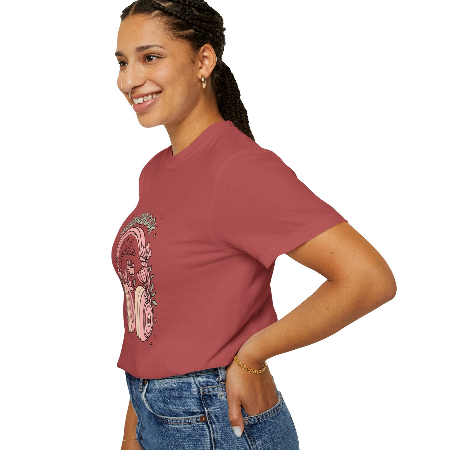 "Audiobook Girlie" T-Shirt — Floral Headphones Graphic Tee