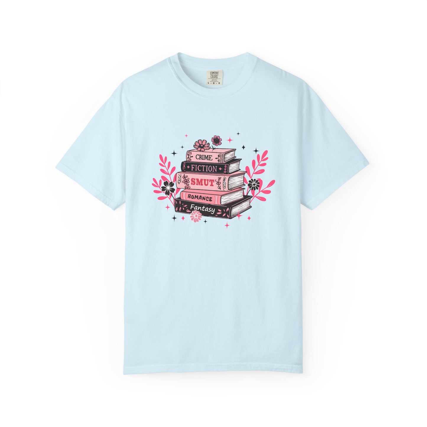 Book Stack Graphic T-Shirt — Cute Floral Reading Shirt (Crime, Fiction, Smut, Romance)