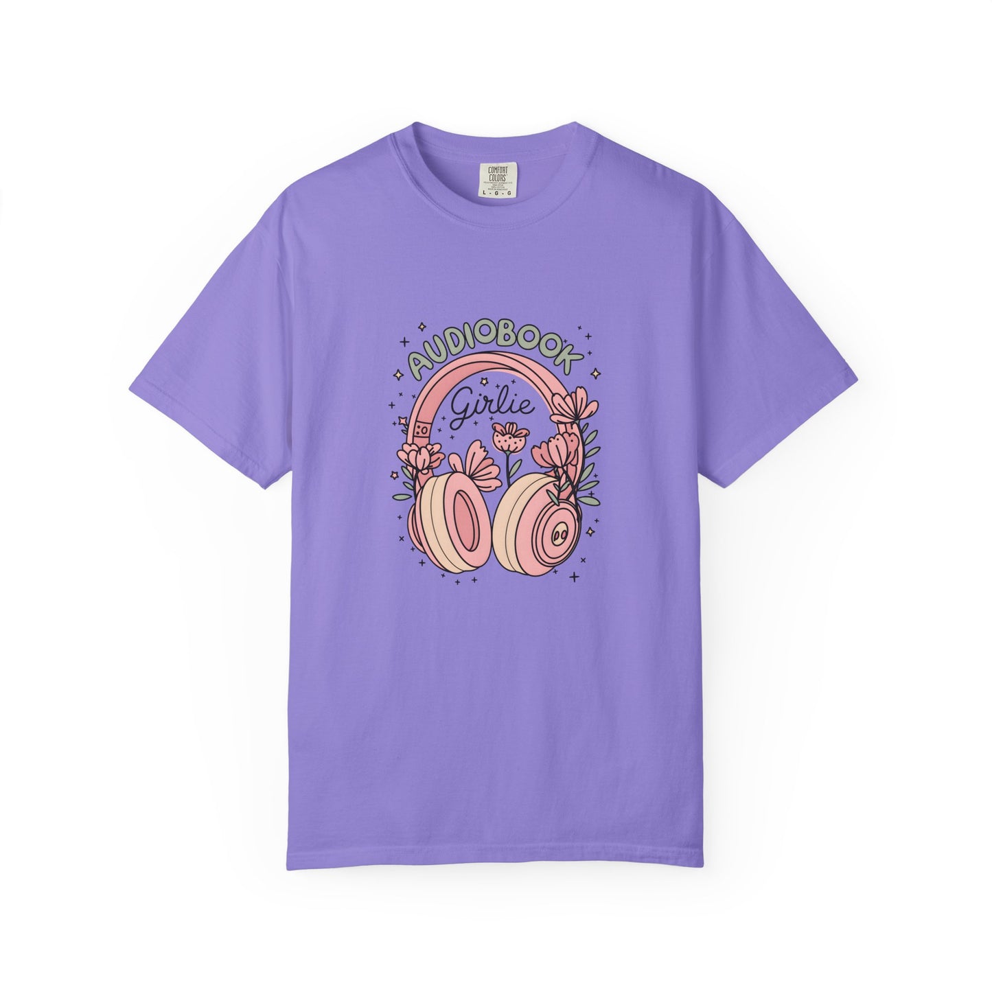 "Audiobook Girlie" T-Shirt — Floral Headphones Graphic Tee