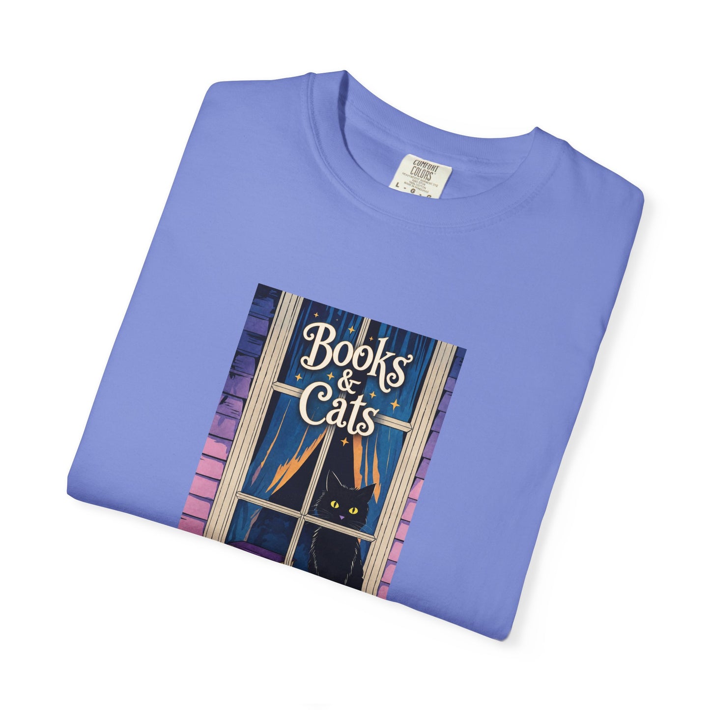 "Books & Cats" T-Shirt — Cozy Bookshop Window Graphic Tee