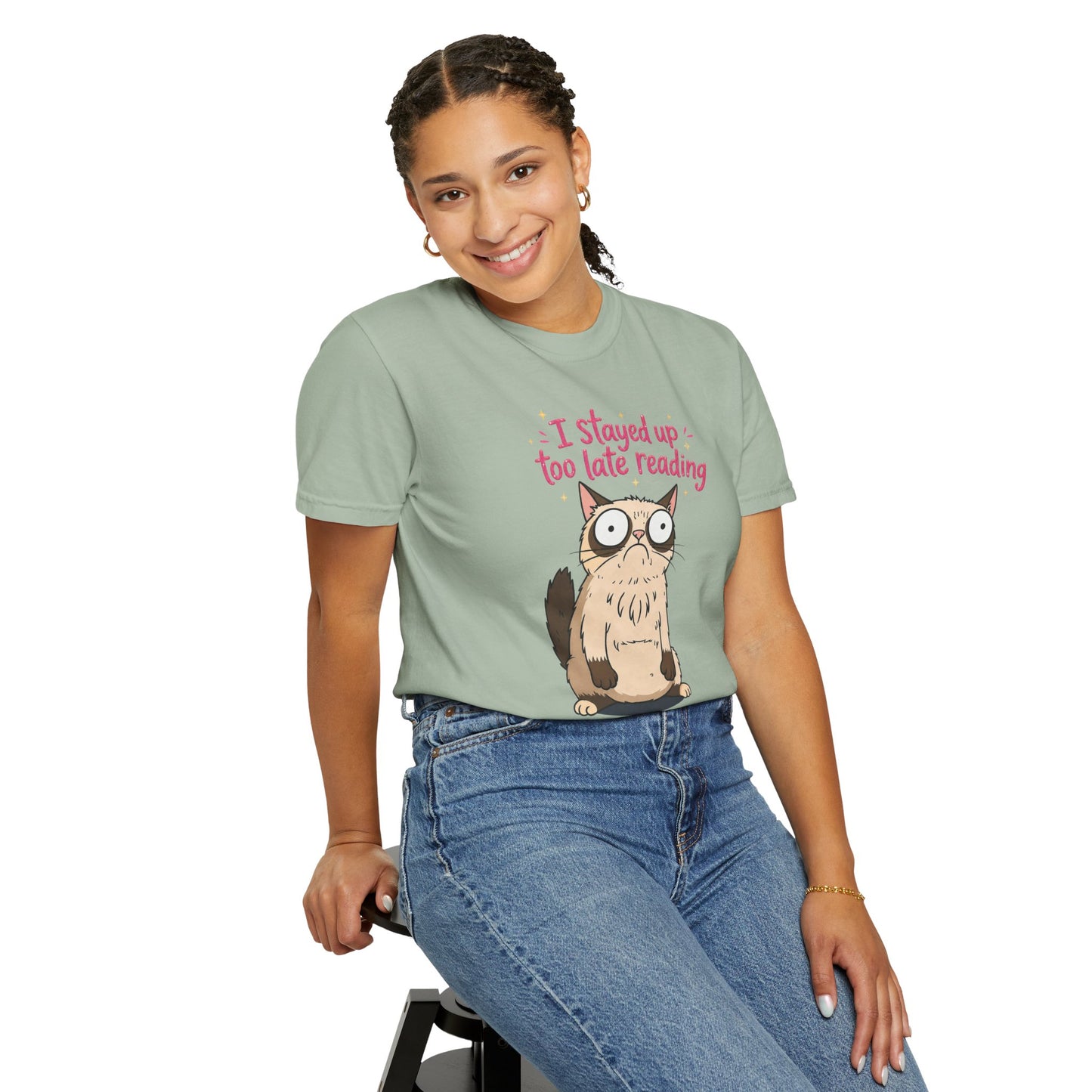 "I Stayed Up Too Late Reading" Cat T-Shirt — Cute Book Lover Graphic Tee