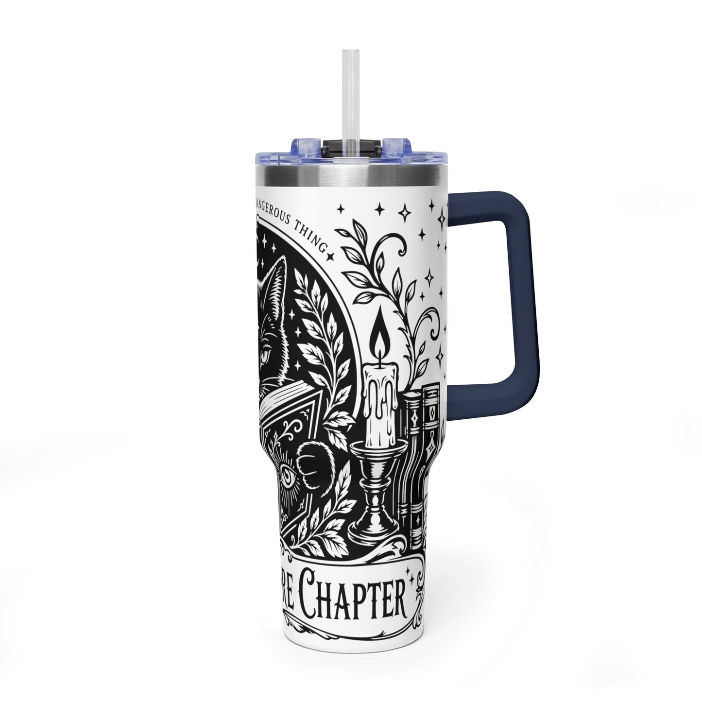 40oz Vacuum Tumbler — Black Cat "Just One More Chapter" Bookish Travel Mug