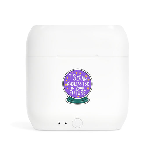 Wireless Earbuds Case Sticker — “I See an Endless TBR in Your Future” Crystal Ball Design