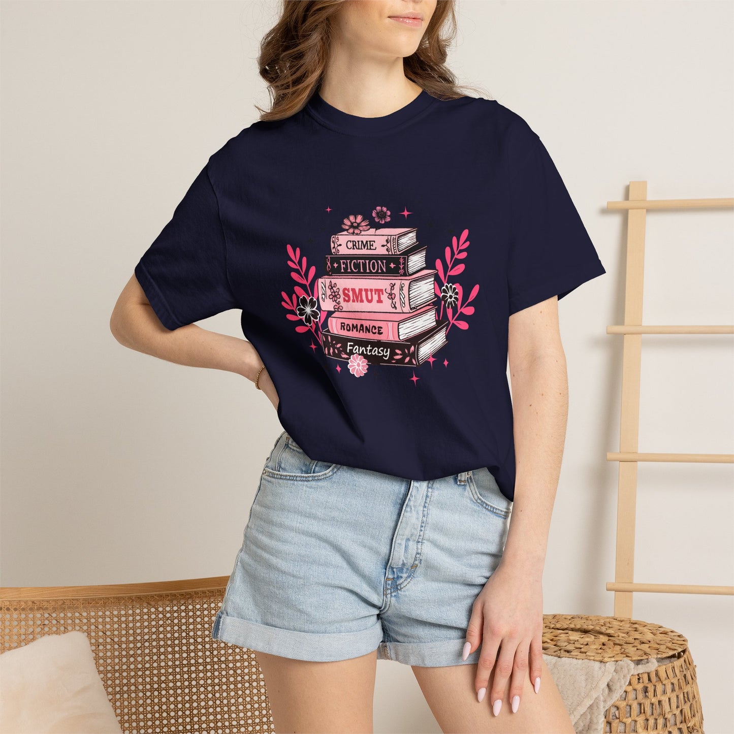 Book Stack Graphic T-Shirt — Cute Floral Reading Shirt (Crime, Fiction, Smut, Romance)