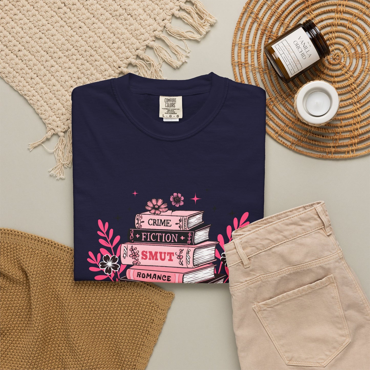 Book Stack Graphic T-Shirt — Cute Floral Reading Shirt (Crime, Fiction, Smut, Romance)