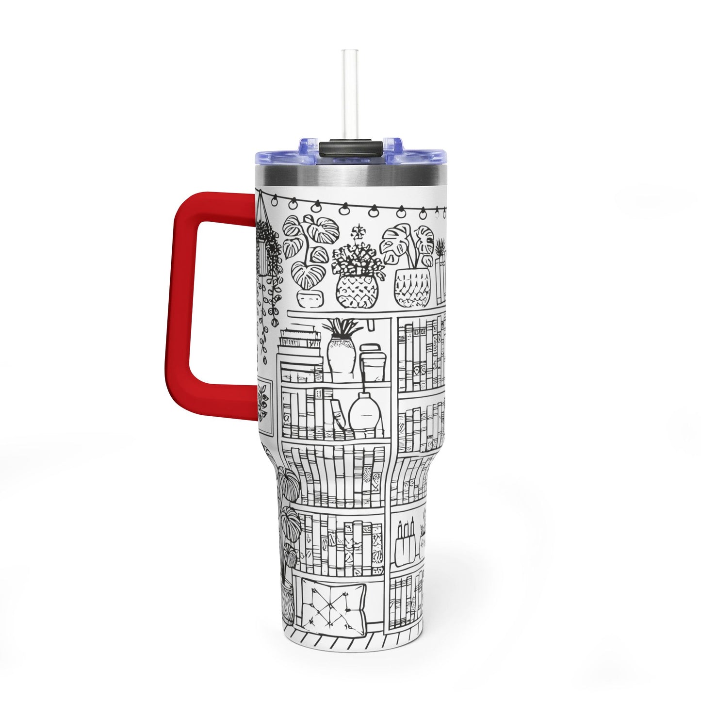 40oz Booklover Vacuum Tumbler – Illustrated Bookshelf Design
