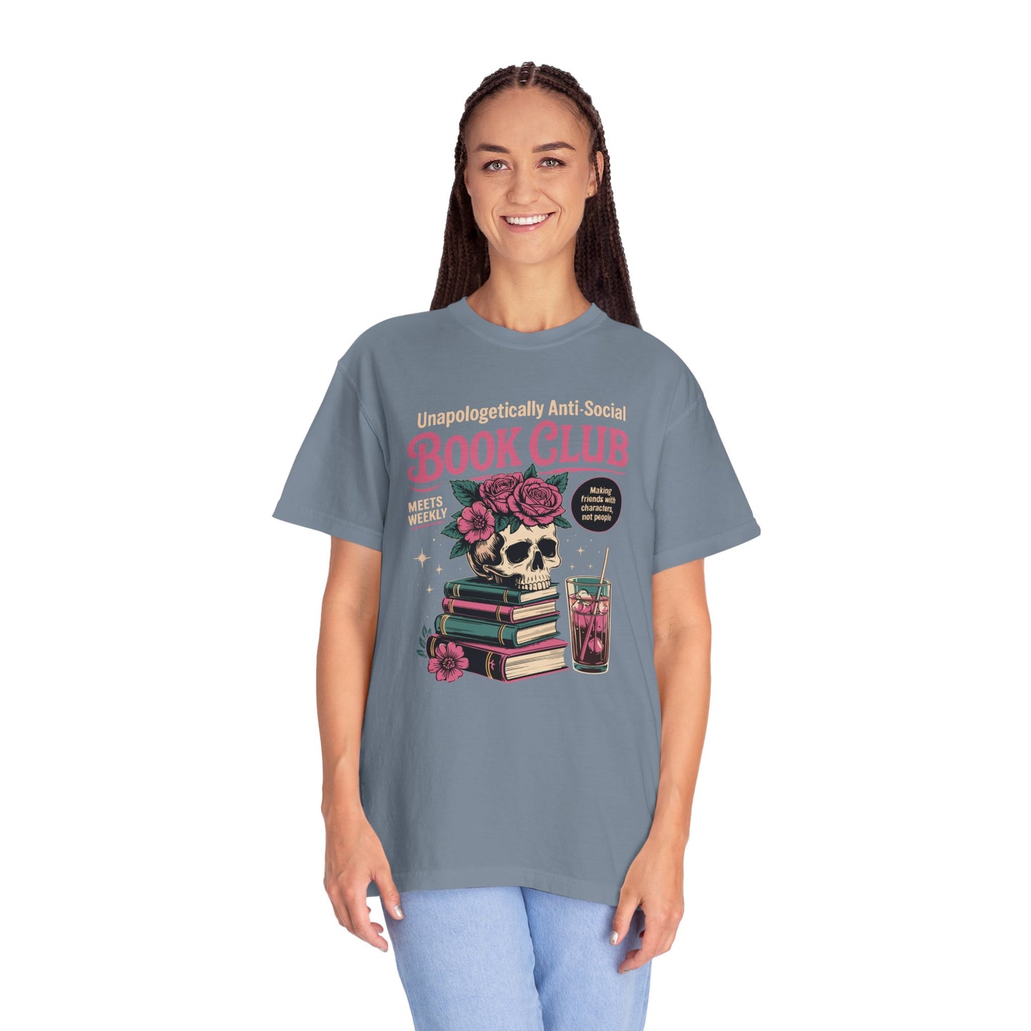 "Unapologetically Anti-Social Book Club" T-Shirt — Skull & Books Graphic Tee for Avid Readers