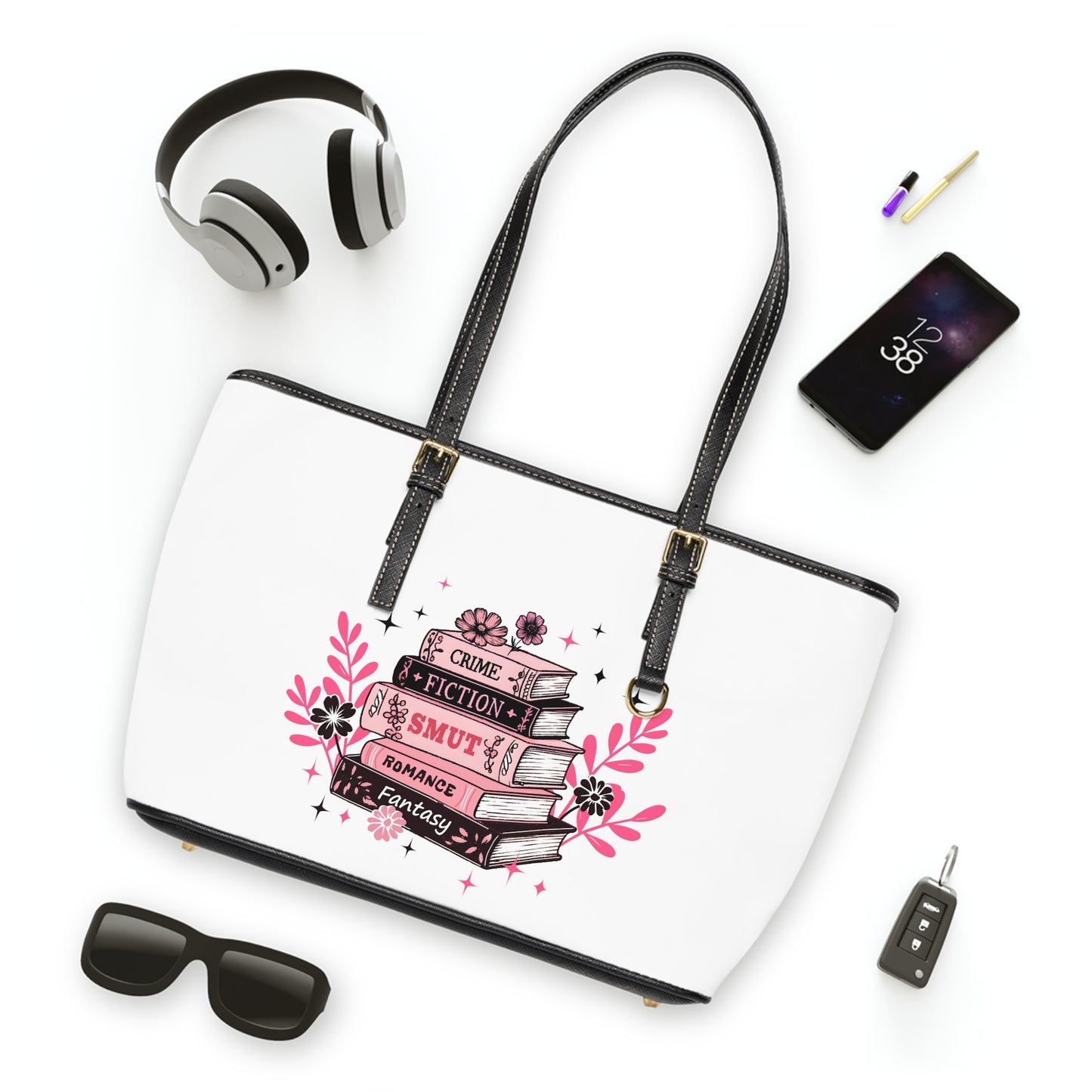 Book Stack PU Leather Shoulder Bag — Feminine Floral Library Tote