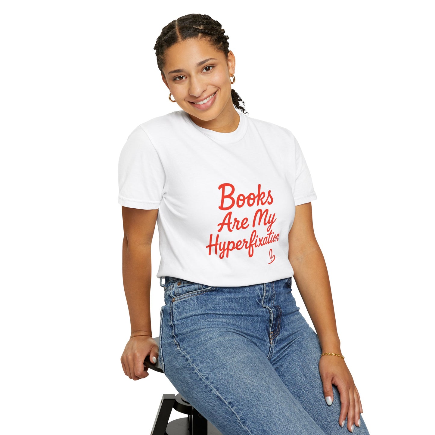 Books Are My Hyperfixation T-Shirt — Cute Red Script Reading Tee for Book Lovers