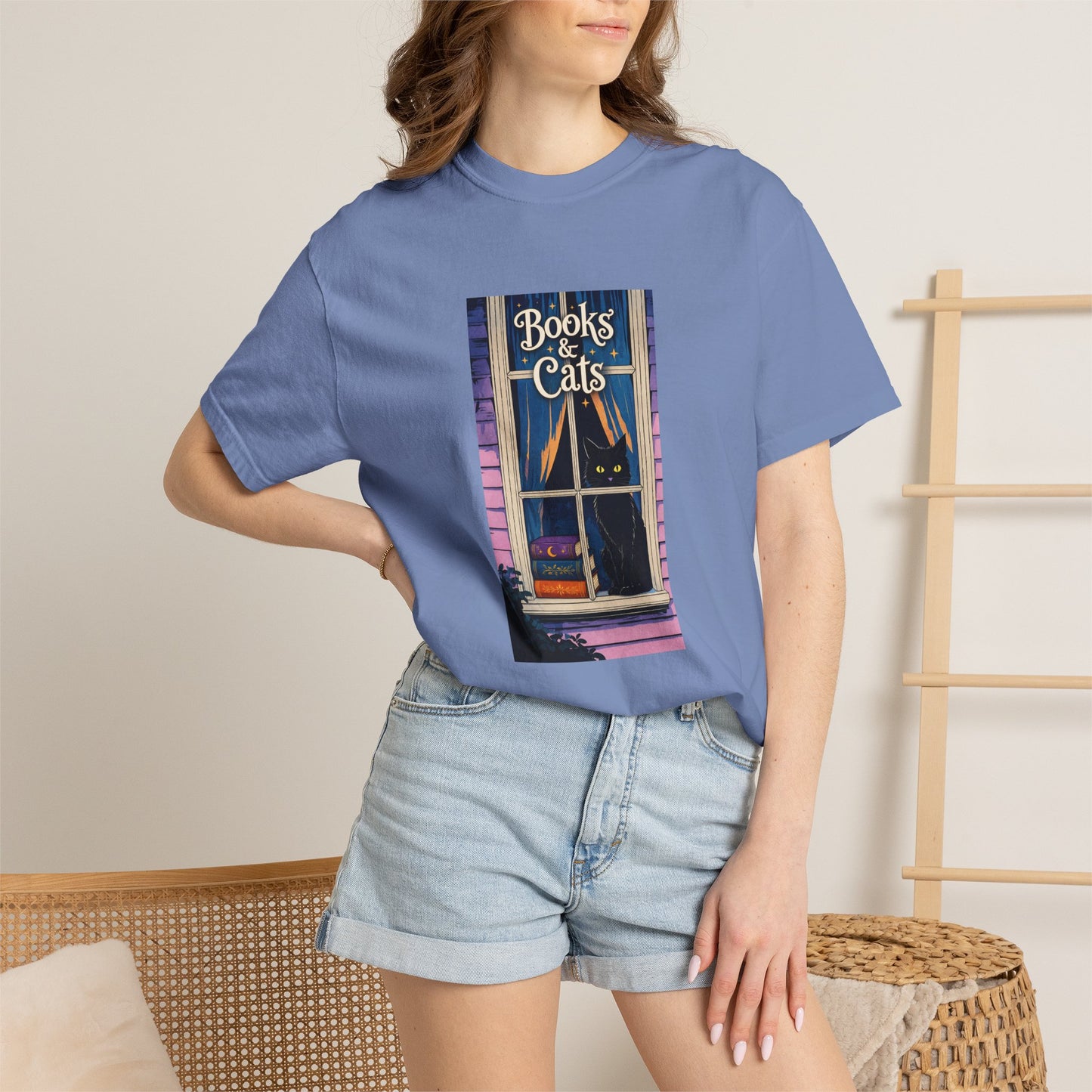 "Books & Cats" T-Shirt — Cozy Bookshop Window Graphic Tee