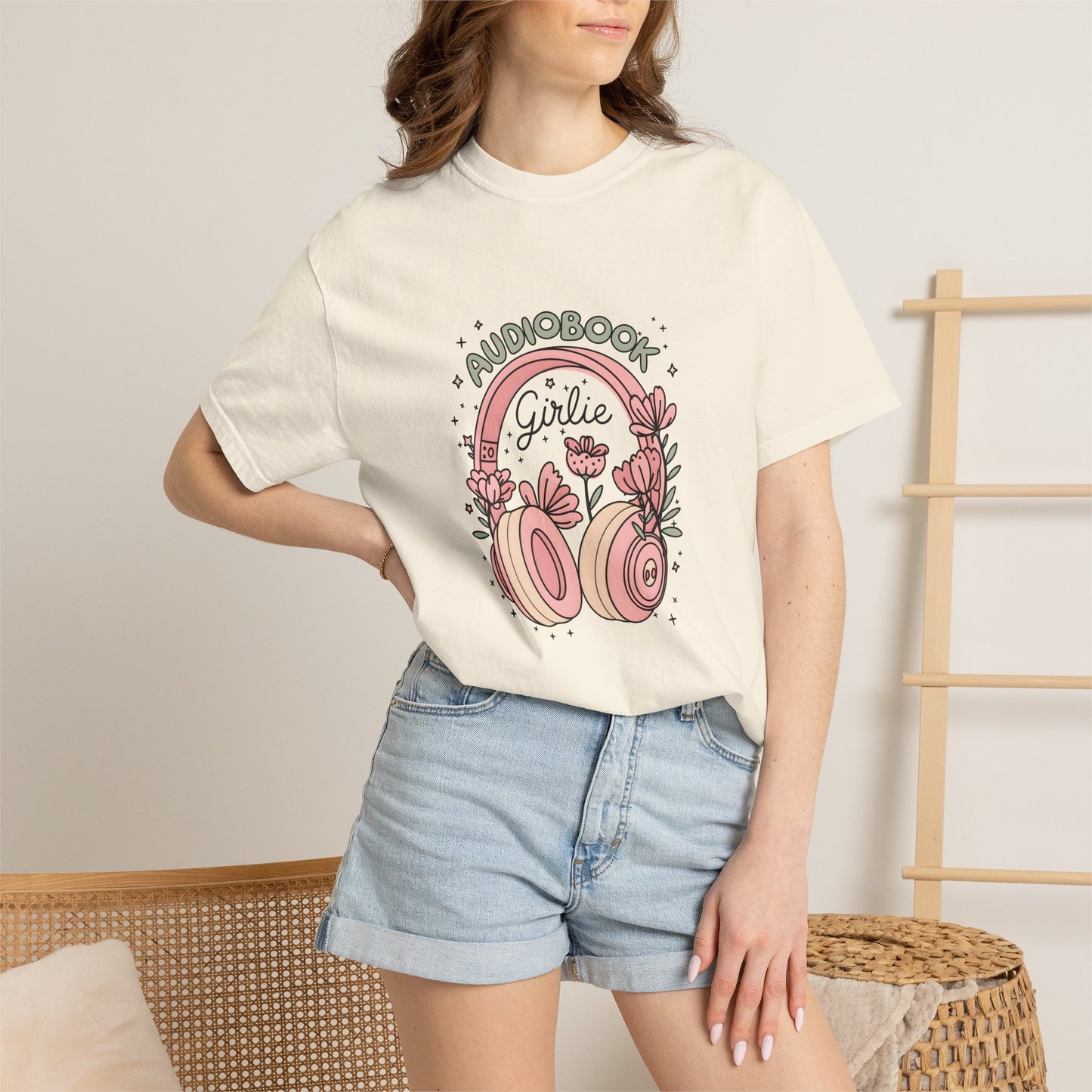 "Audiobook Girlie" T-Shirt — Floral Headphones Graphic Tee