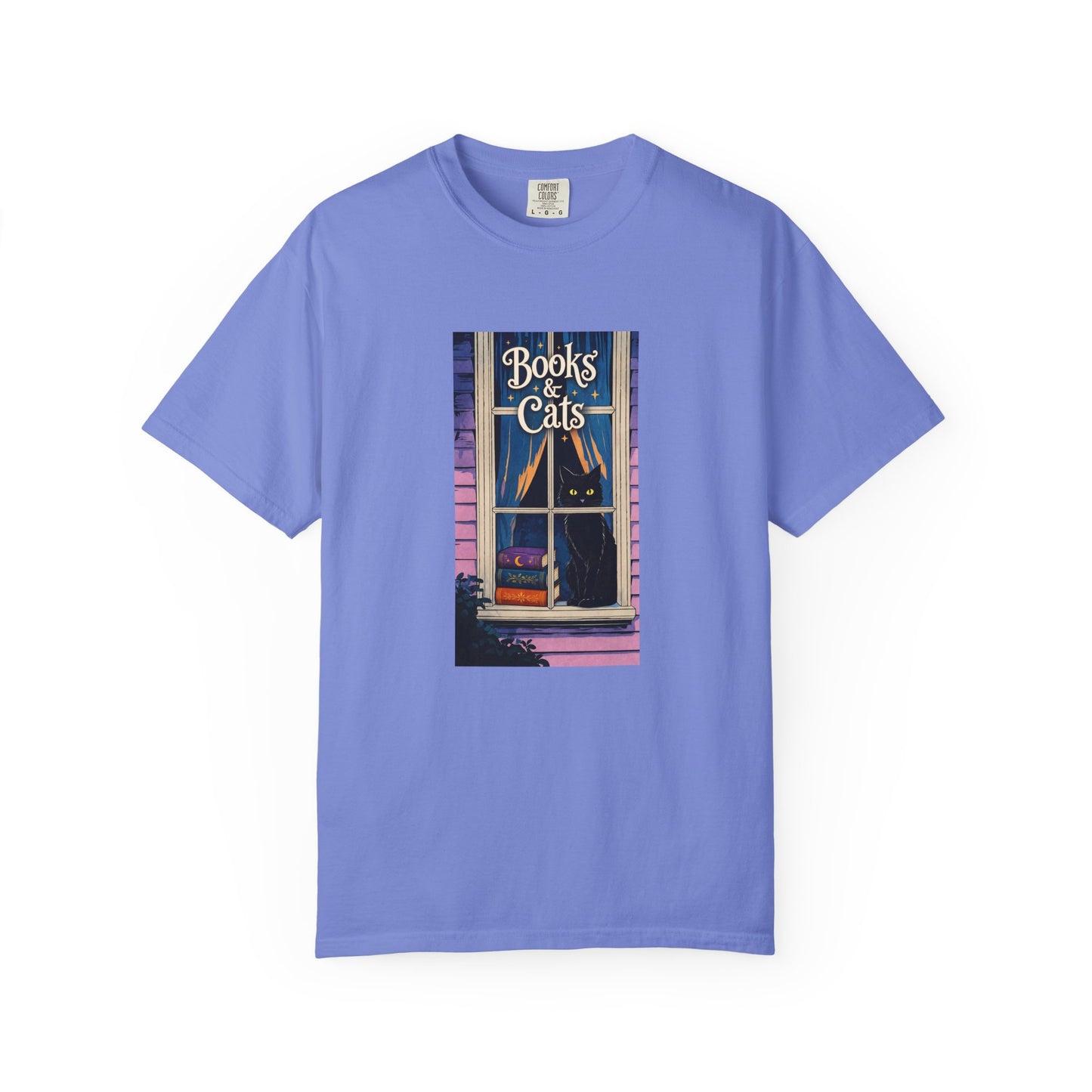 "Books & Cats" T-Shirt — Cozy Bookshop Window Graphic Tee