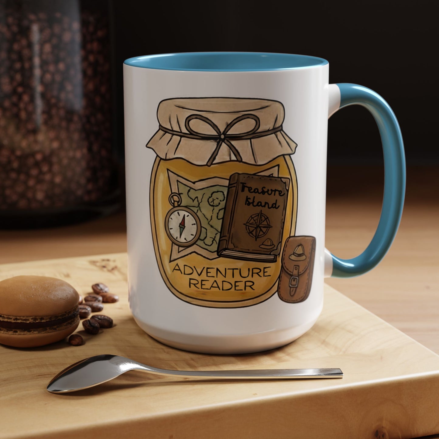 "Adventure Reader" Accent Coffee Mug — Bookish Travel Compass & Treasure Jam Jar Design