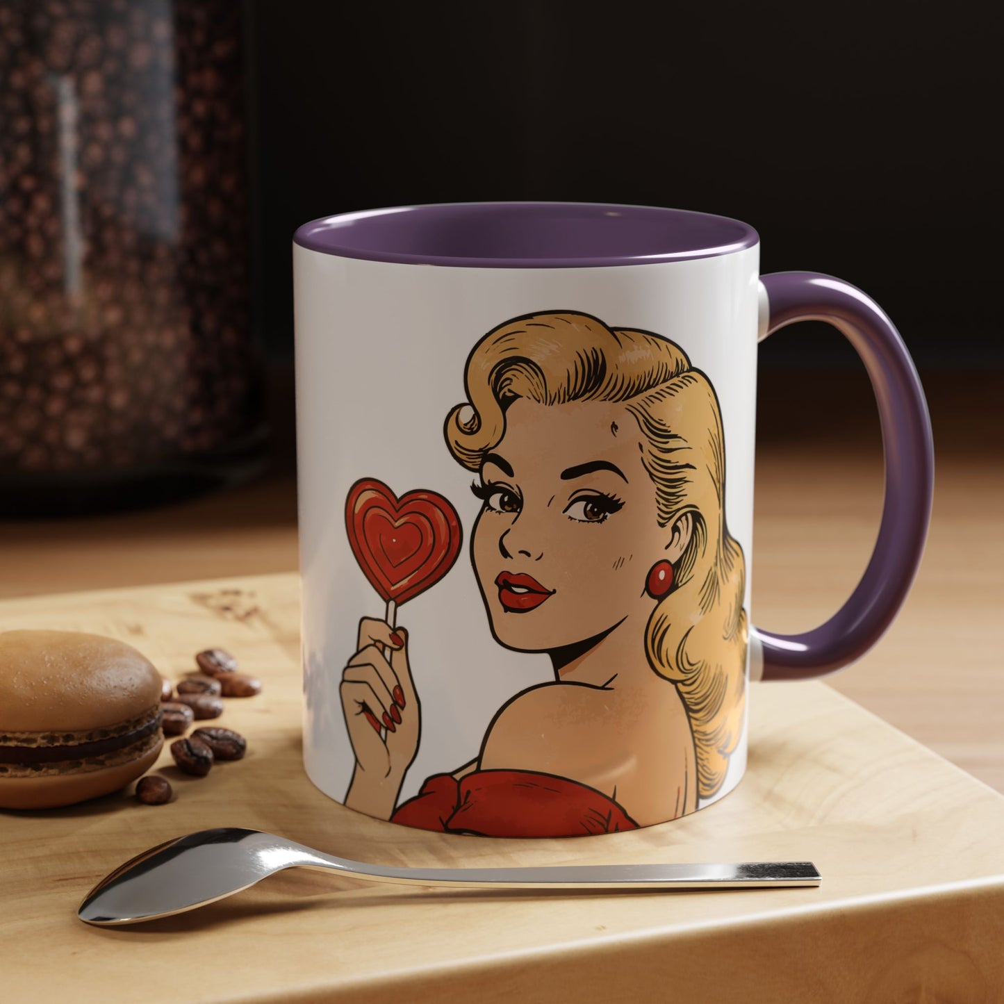 Retro Pin-Up Coffee Mug — Vintage Pop Art Woman with Heart Lollipop (11oz)