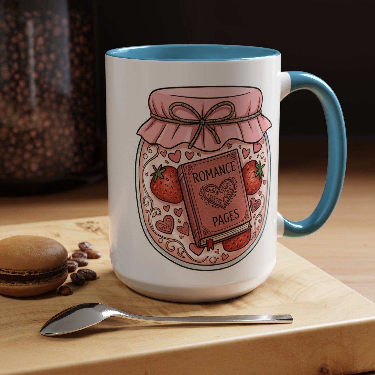 "Romance Pages" Jam Jar Coffee Mug — Cute Strawberry Jam Romance Readers Mug (11/15oz)