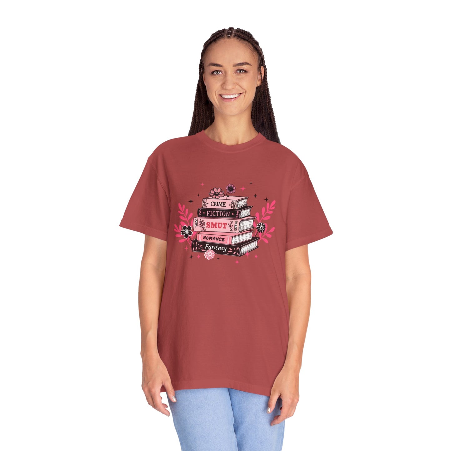 Book Stack Graphic T-Shirt — Cute Floral Reading Shirt (Crime, Fiction, Smut, Romance)