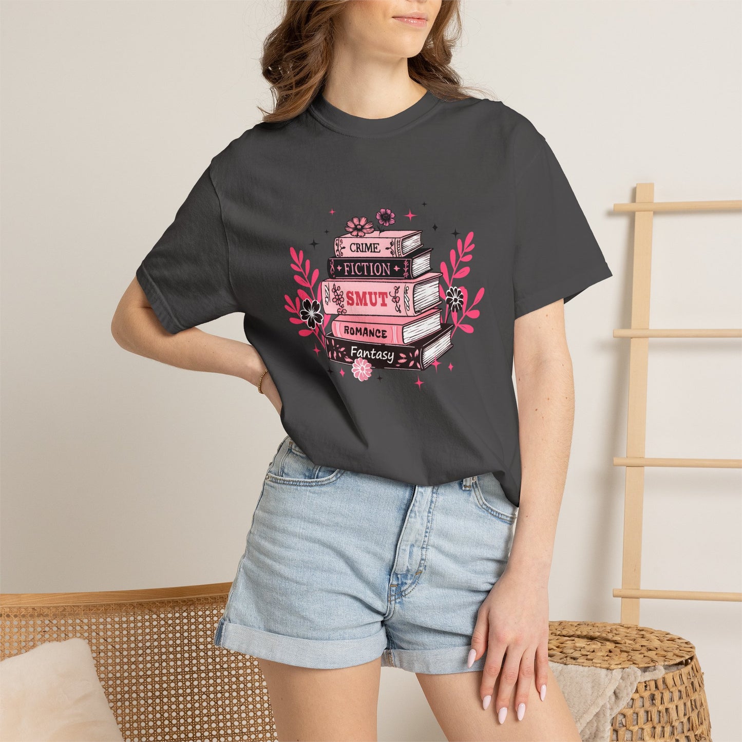 Book Stack Graphic T-Shirt — Cute Floral Reading Shirt (Crime, Fiction, Smut, Romance)