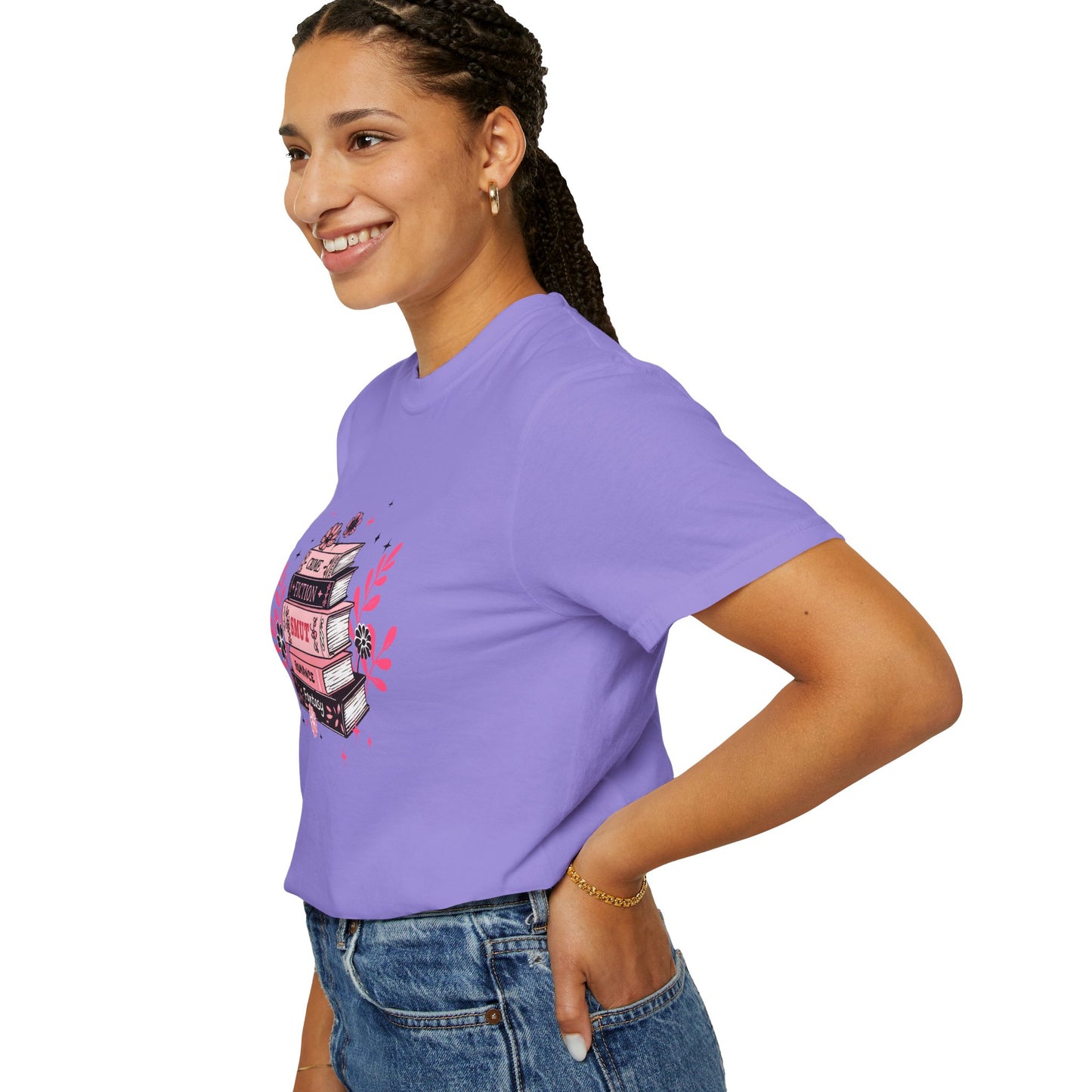 Book Stack Graphic T-Shirt — Cute Floral Reading Shirt (Crime, Fiction, Smut, Romance)