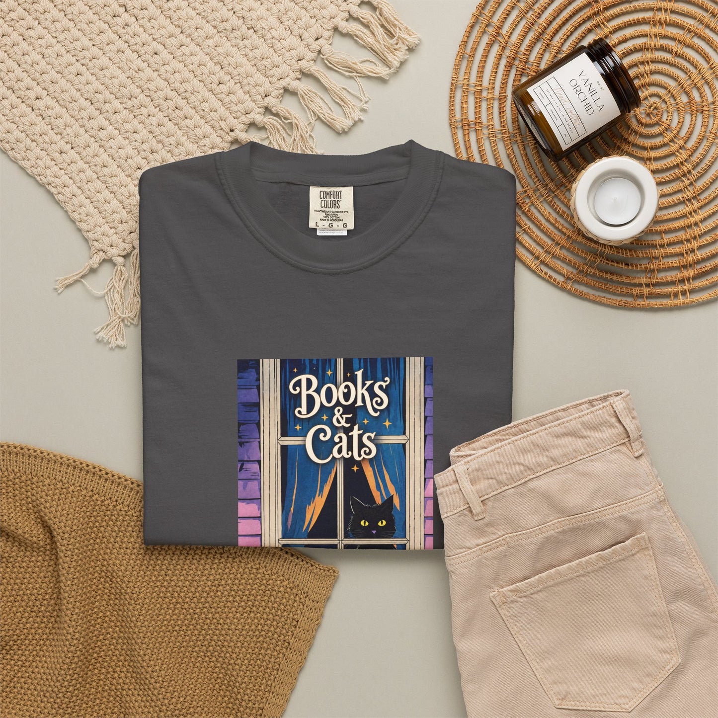 "Books & Cats" T-Shirt — Cozy Bookshop Window Graphic Tee