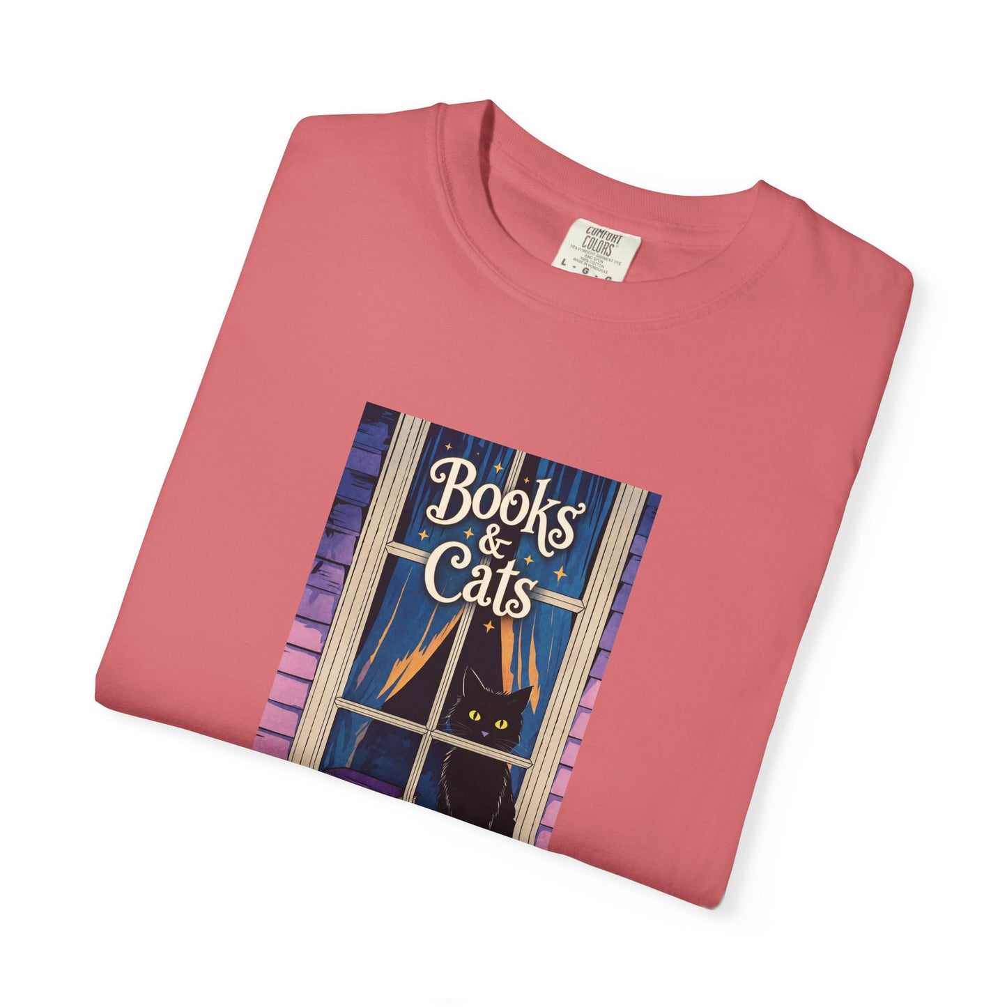 "Books & Cats" T-Shirt — Cozy Bookshop Window Graphic Tee