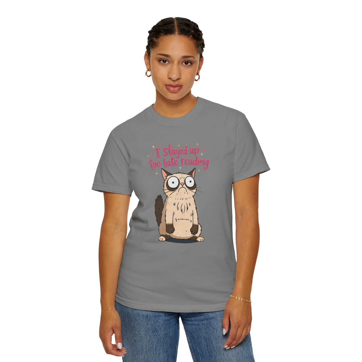 "I Stayed Up Too Late Reading" Cat T-Shirt — Cute Book Lover Graphic Tee
