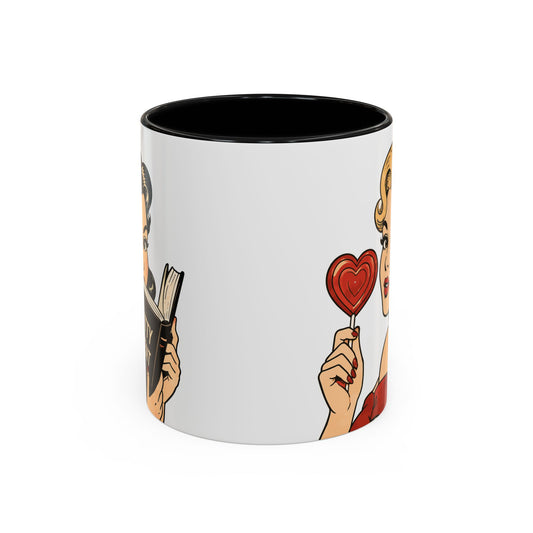 Retro Pin-Up Coffee Mug — Vintage Pop Art Woman with Heart Lollipop (11oz)