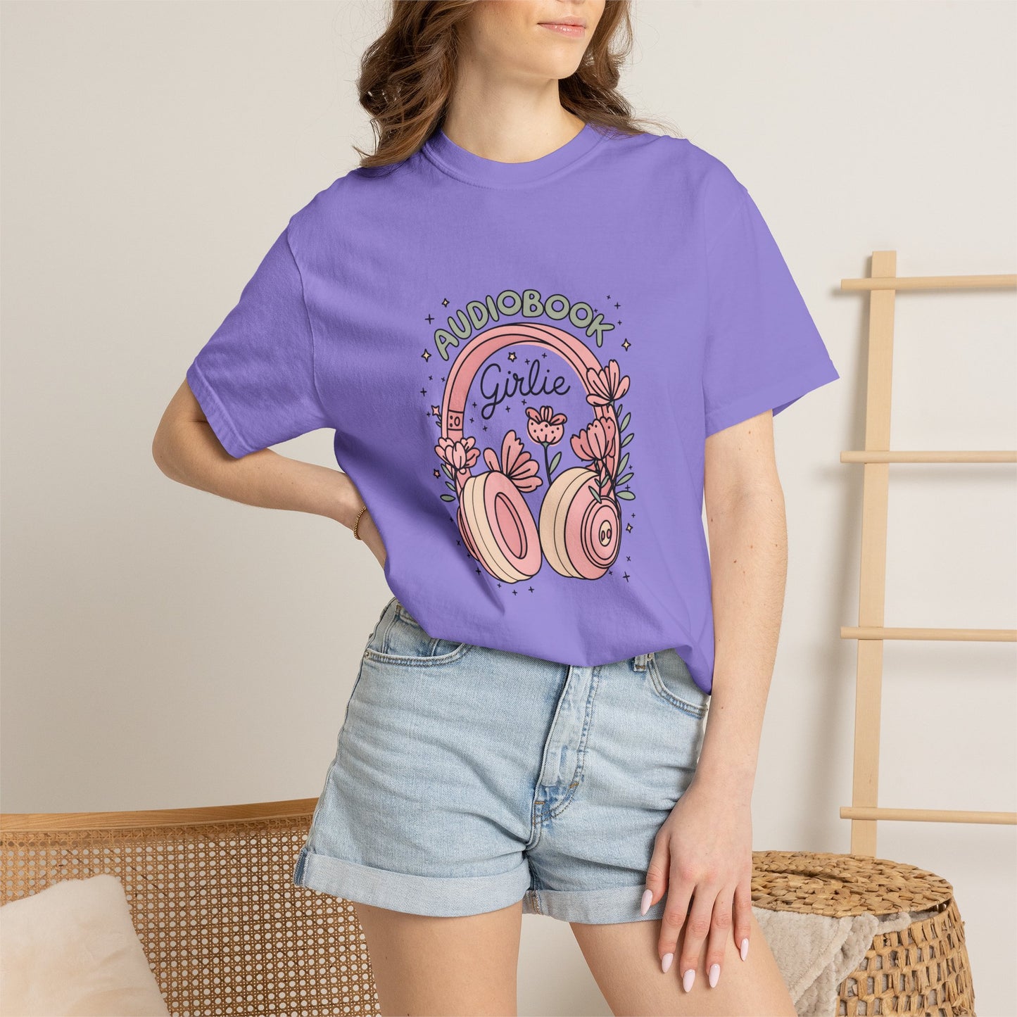 "Audiobook Girlie" T-Shirt — Floral Headphones Graphic Tee