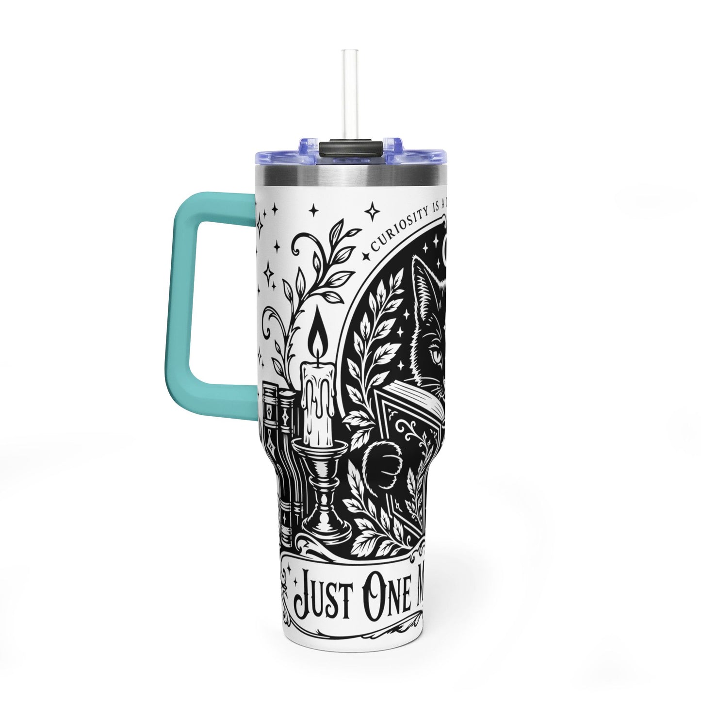 40oz Vacuum Tumbler — Black Cat "Just One More Chapter" Bookish Travel Mug