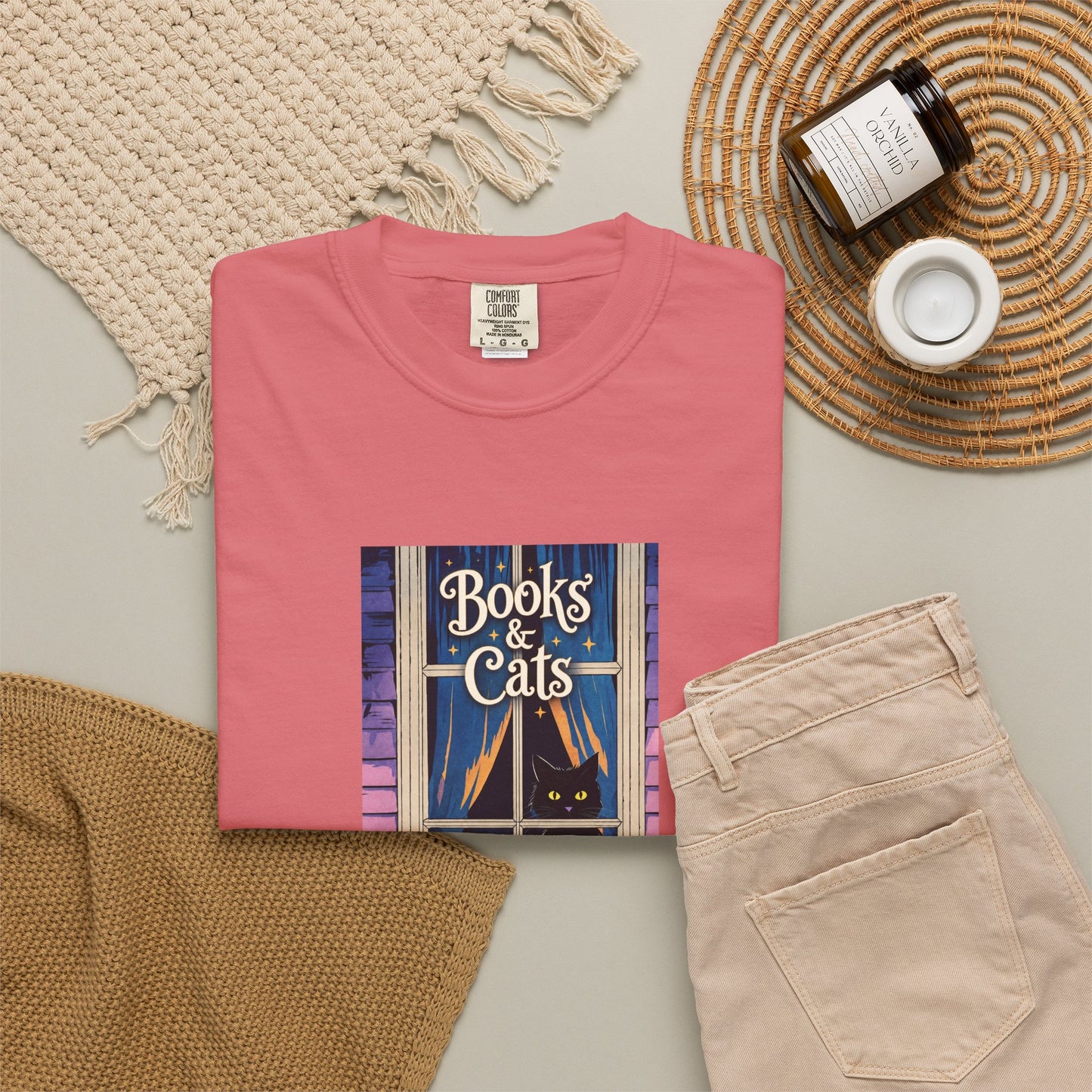 "Books & Cats" T-Shirt — Cozy Bookshop Window Graphic Tee