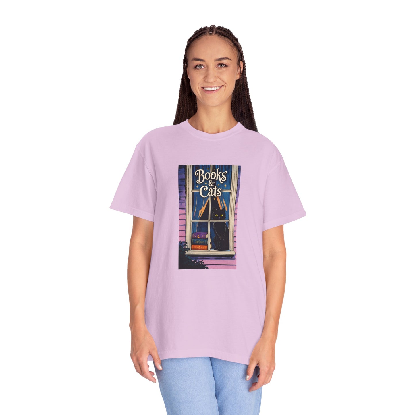 "Books & Cats" T-Shirt — Cozy Bookshop Window Graphic Tee