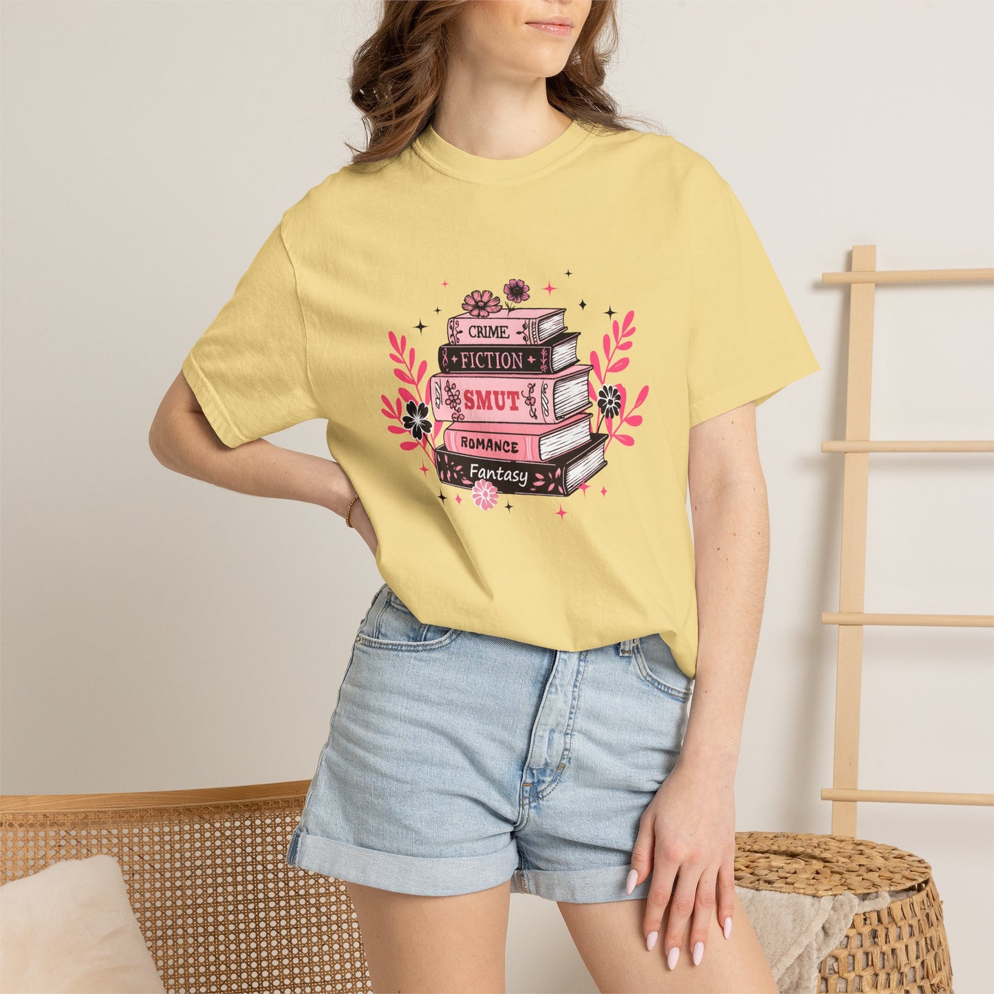 Book Stack Graphic T-Shirt — Cute Floral Reading Shirt (Crime, Fiction, Smut, Romance)