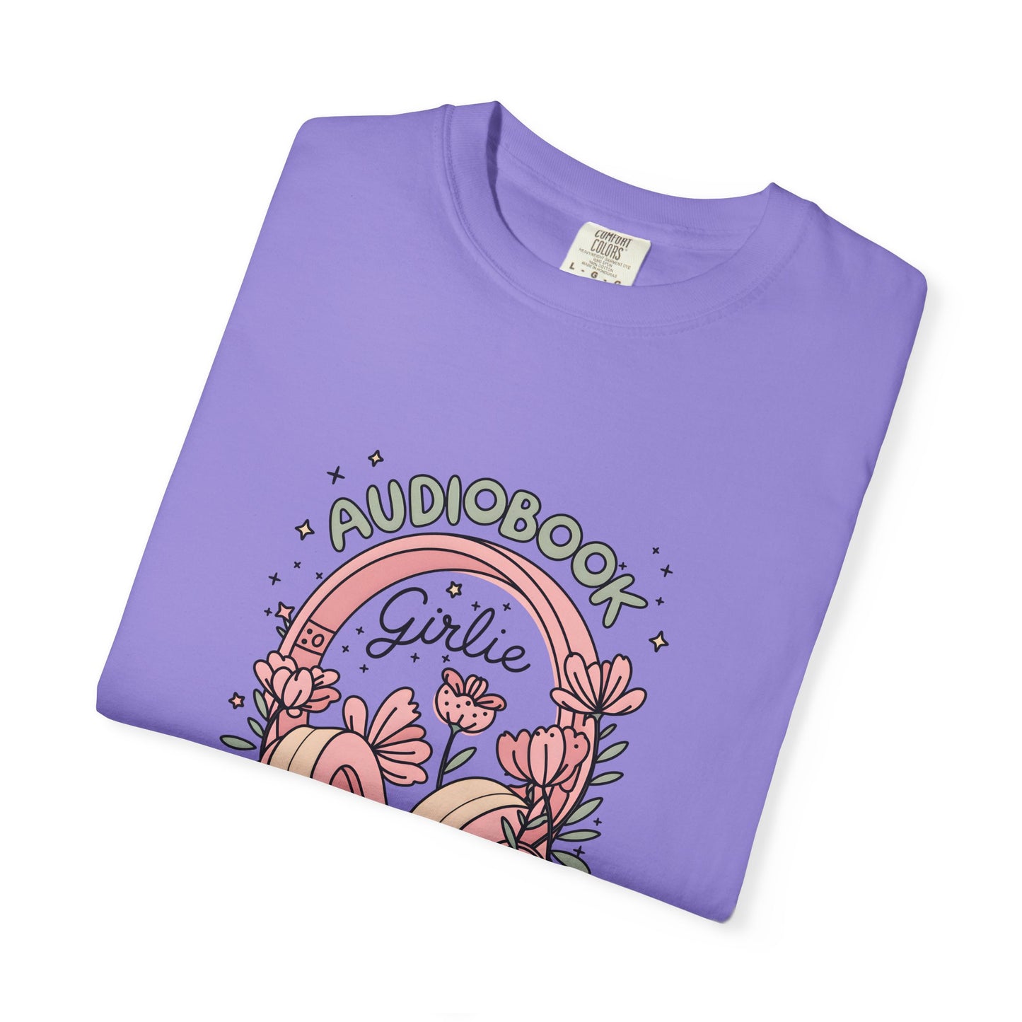 "Audiobook Girlie" T-Shirt — Floral Headphones Graphic Tee