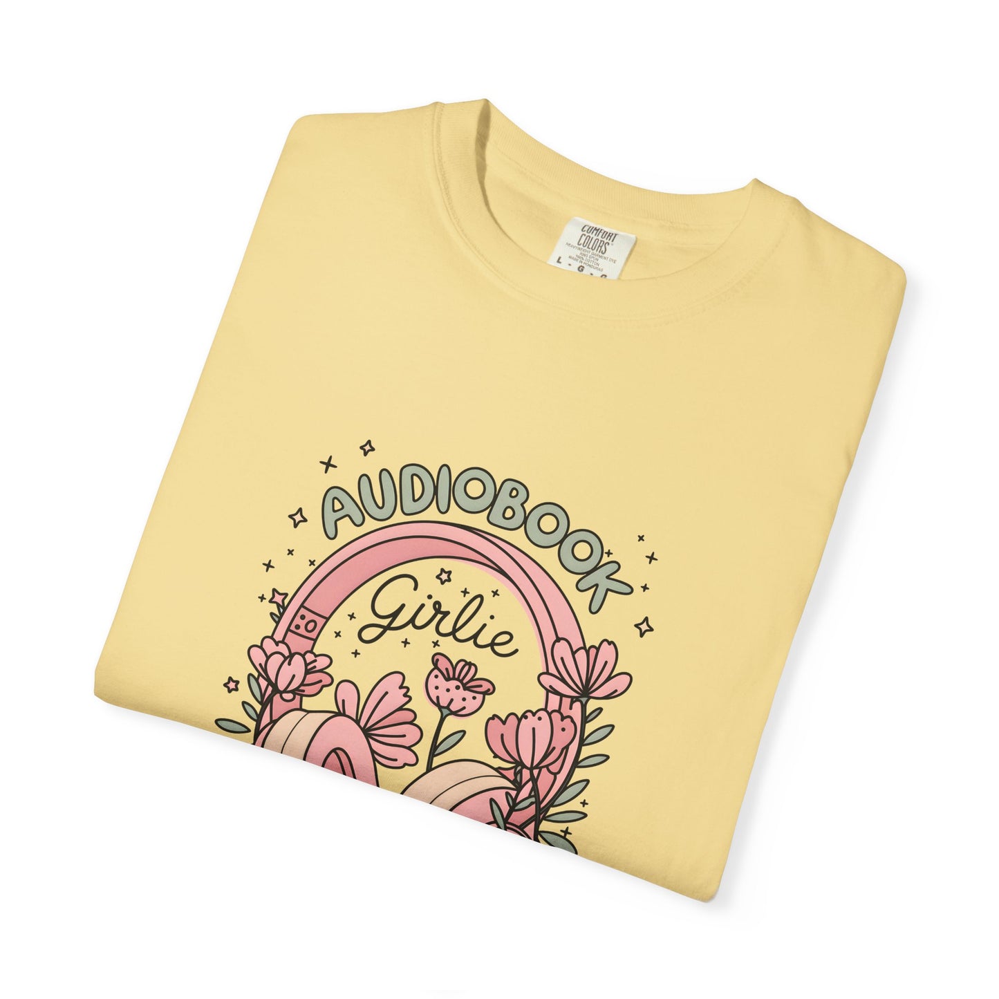 "Audiobook Girlie" T-Shirt — Floral Headphones Graphic Tee