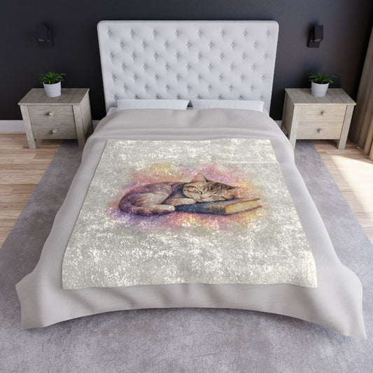 Crushed Velvet Blanket — Cozy Sleeping Cat on Book Plush Throw