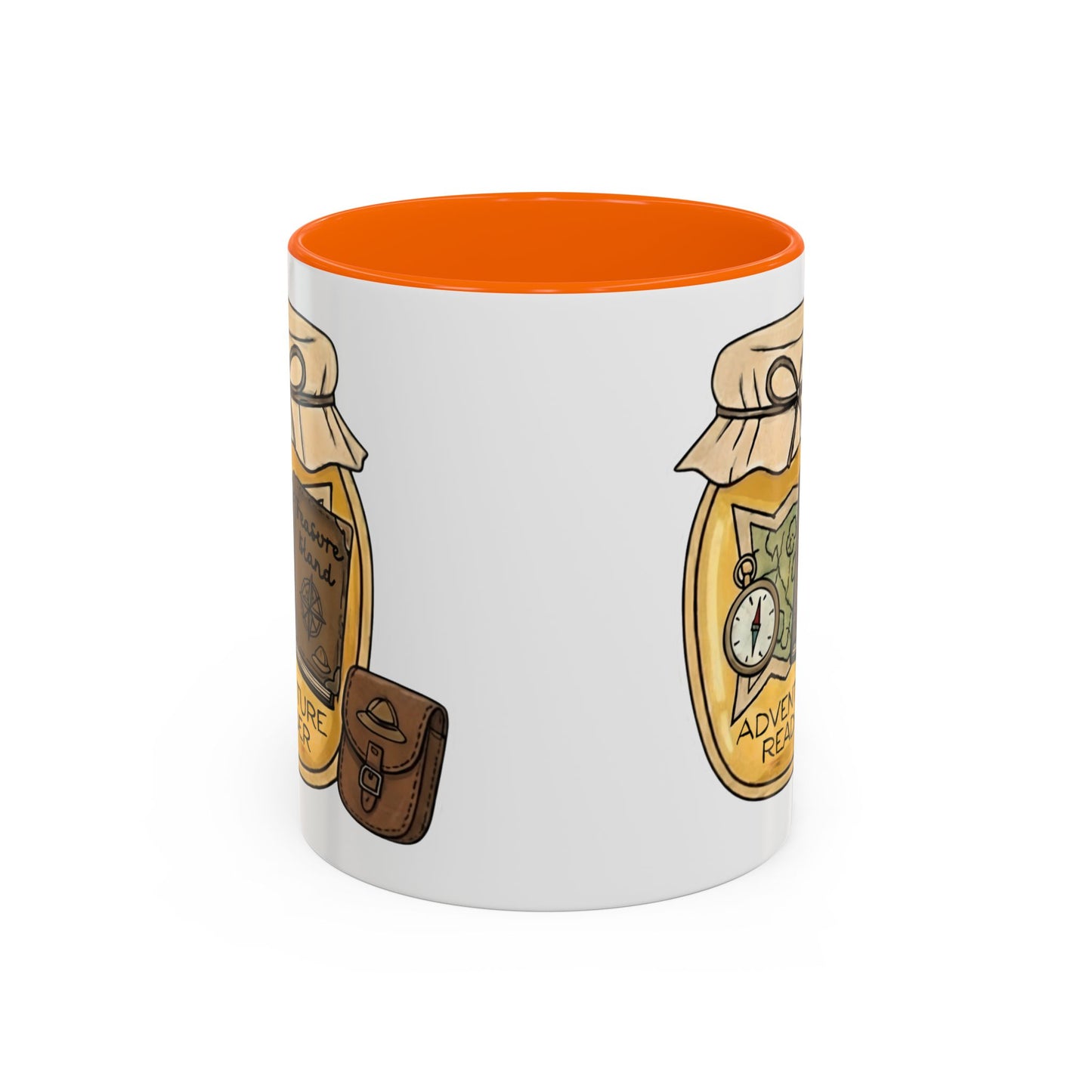 "Adventure Reader" Accent Coffee Mug — Bookish Travel Compass & Treasure Jam Jar Design