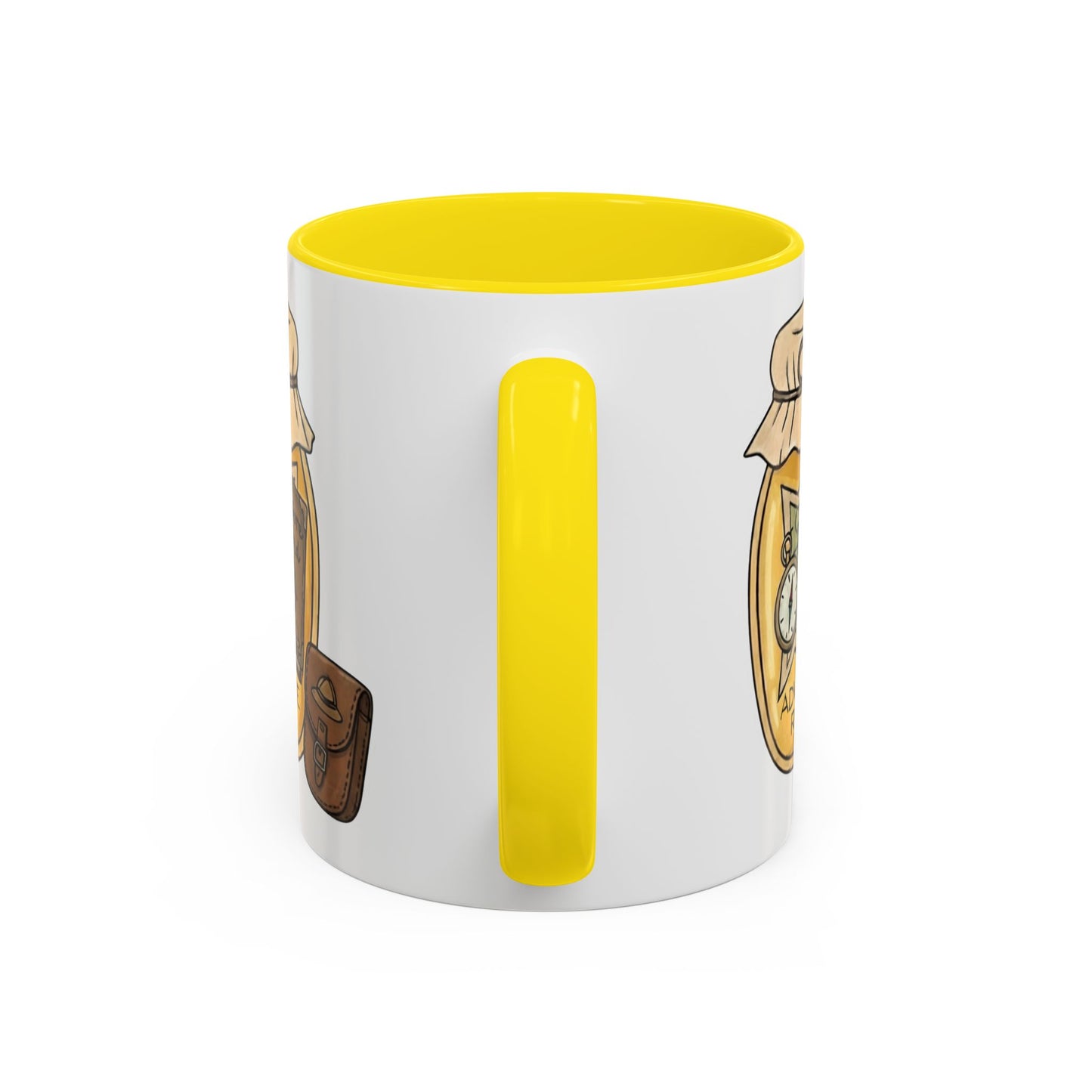 "Adventure Reader" Accent Coffee Mug — Bookish Travel Compass & Treasure Jam Jar Design