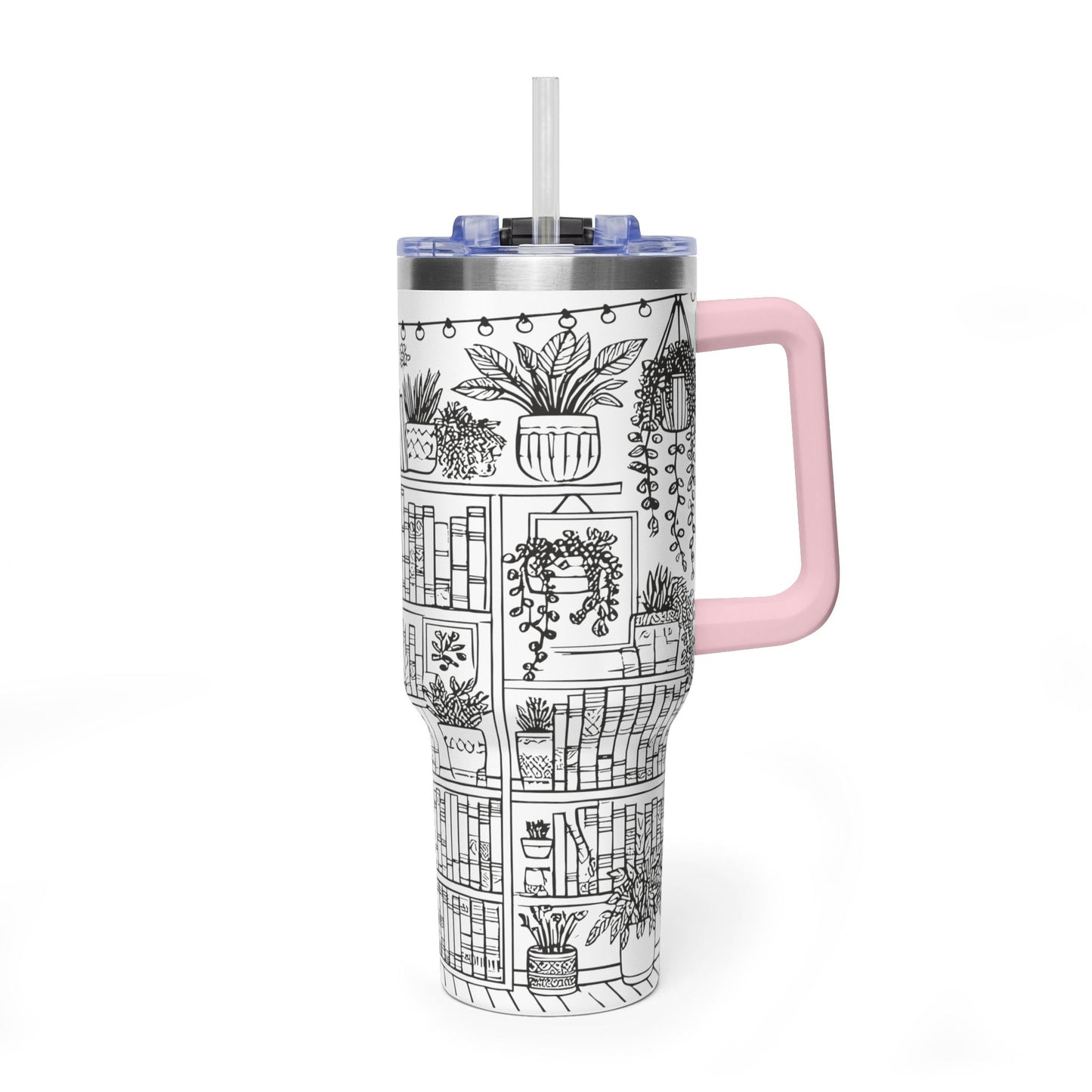 40oz Booklover Vacuum Tumbler – Illustrated Bookshelf Design