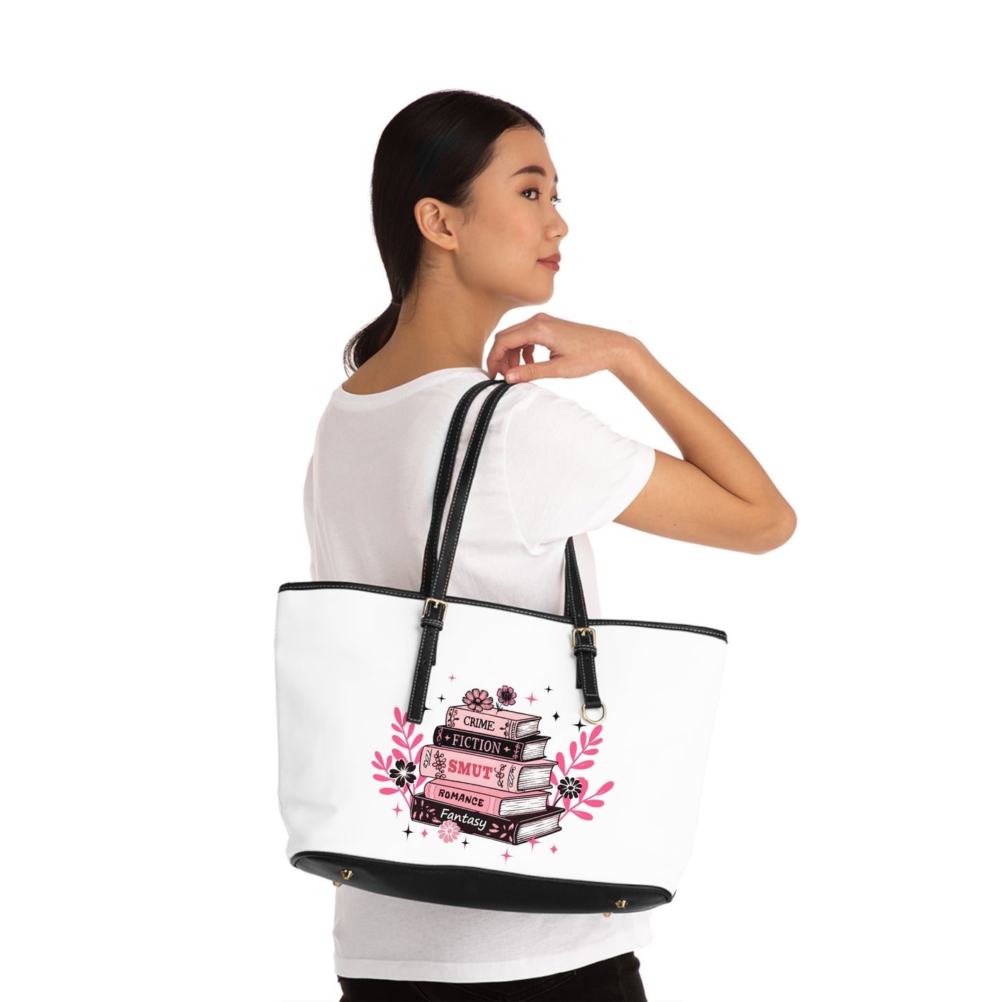 Book Stack PU Leather Shoulder Bag — Feminine Floral Library Tote