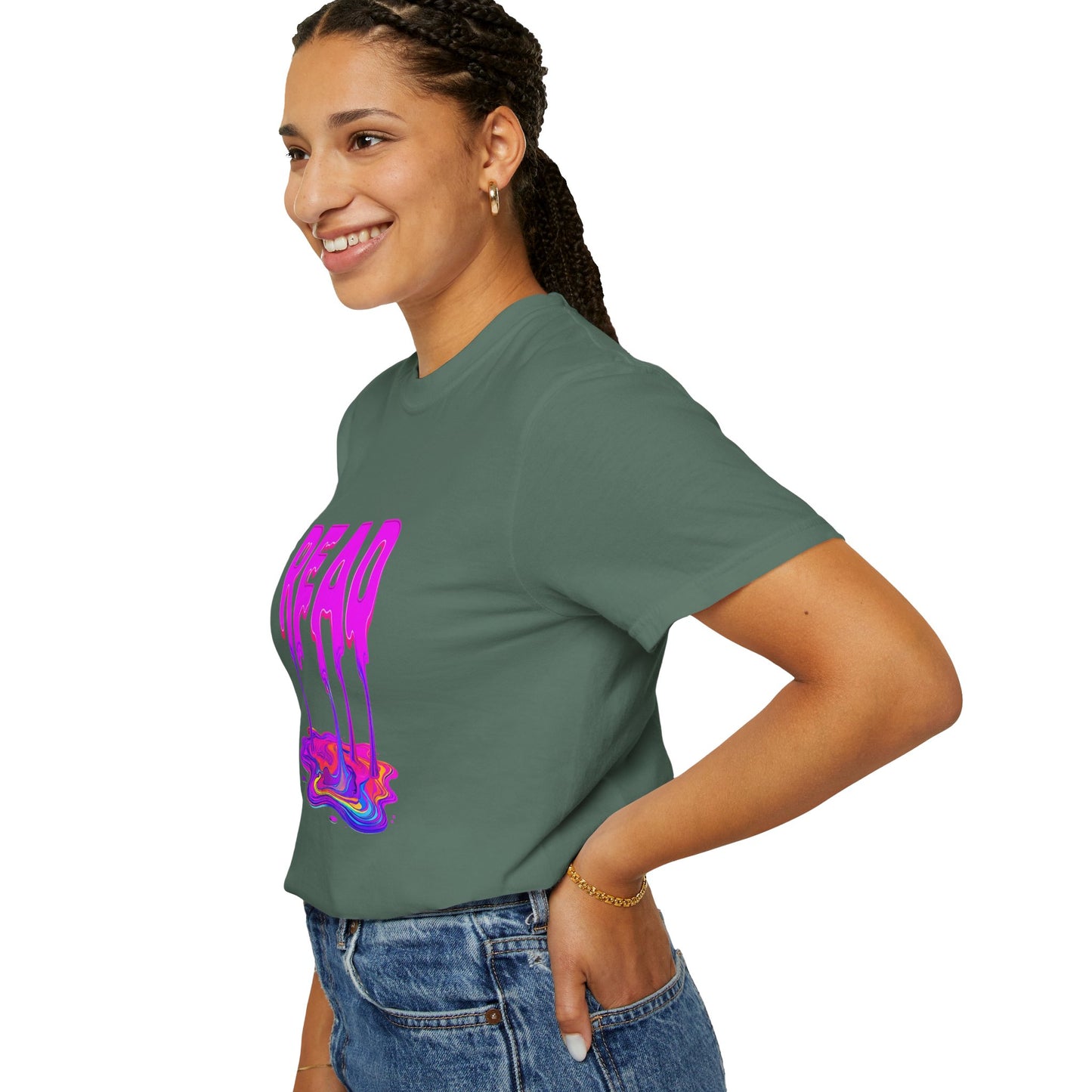 "READ" Dripping Graphic T-Shirt — Psychedelic Melting Book Design
