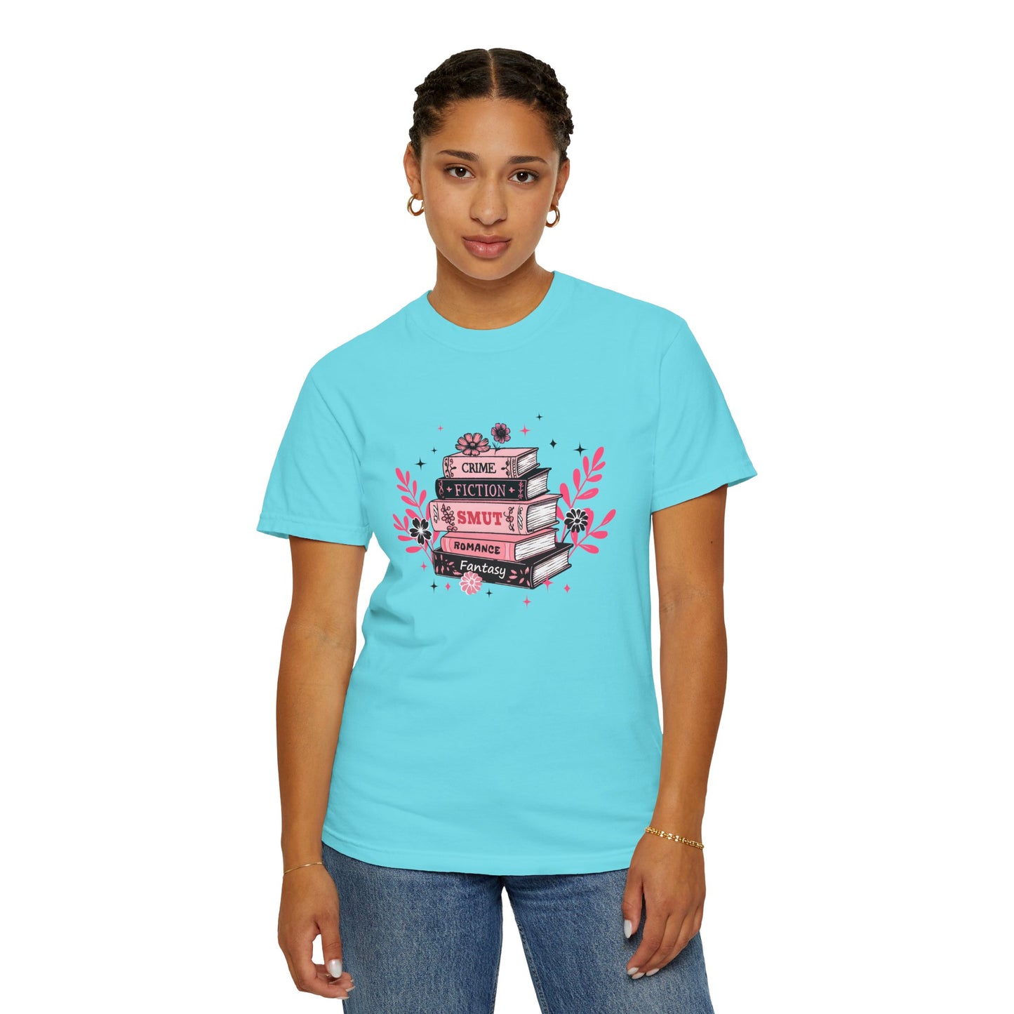 Book Stack Graphic T-Shirt — Cute Floral Reading Shirt (Crime, Fiction, Smut, Romance)