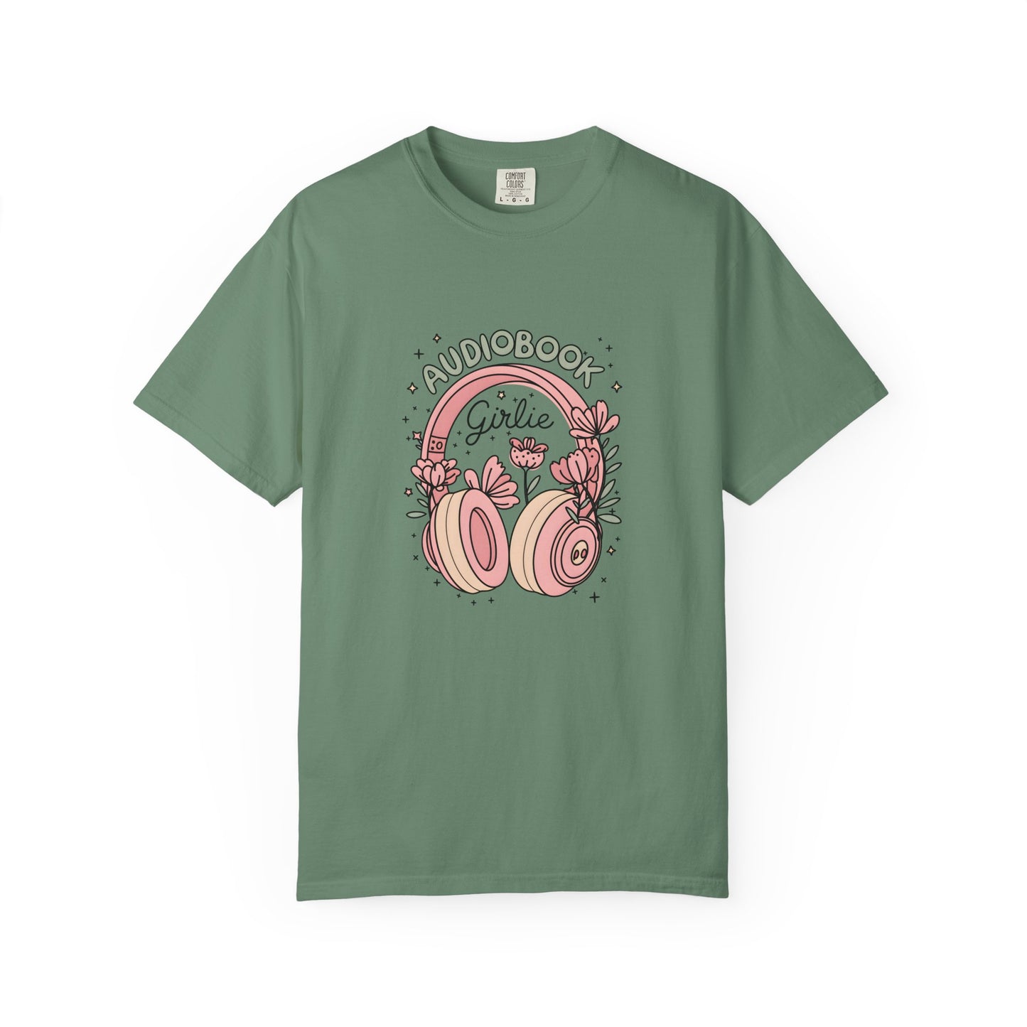 "Audiobook Girlie" T-Shirt — Floral Headphones Graphic Tee