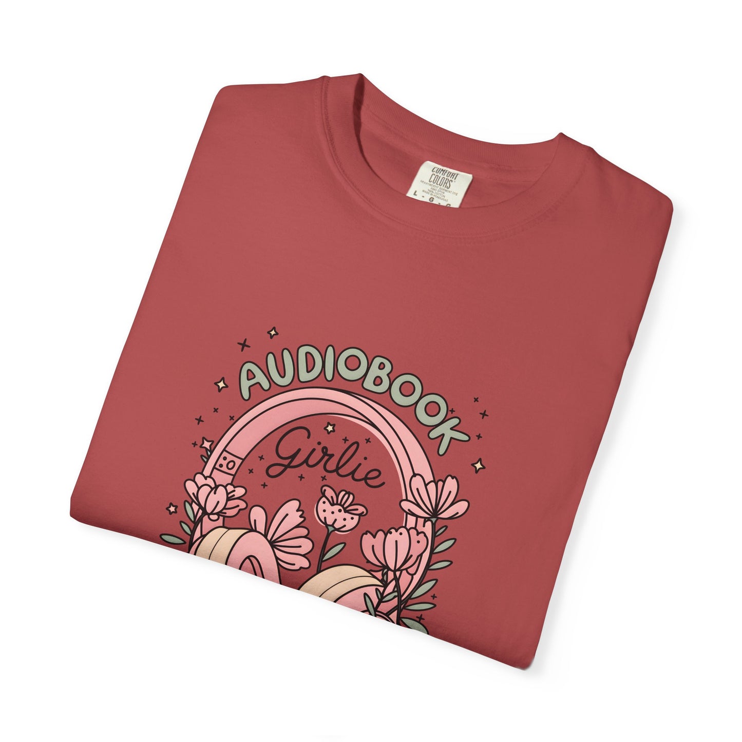 "Audiobook Girlie" T-Shirt — Floral Headphones Graphic Tee