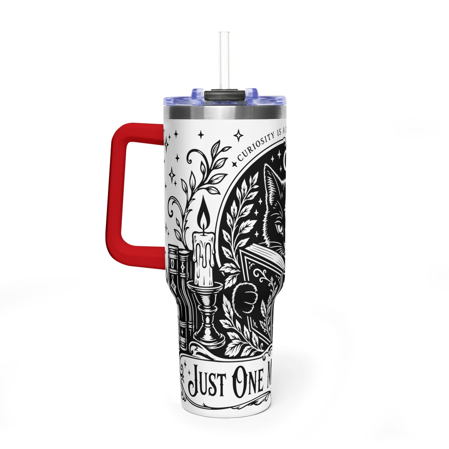 40oz Vacuum Tumbler — Black Cat "Just One More Chapter" Bookish Travel Mug