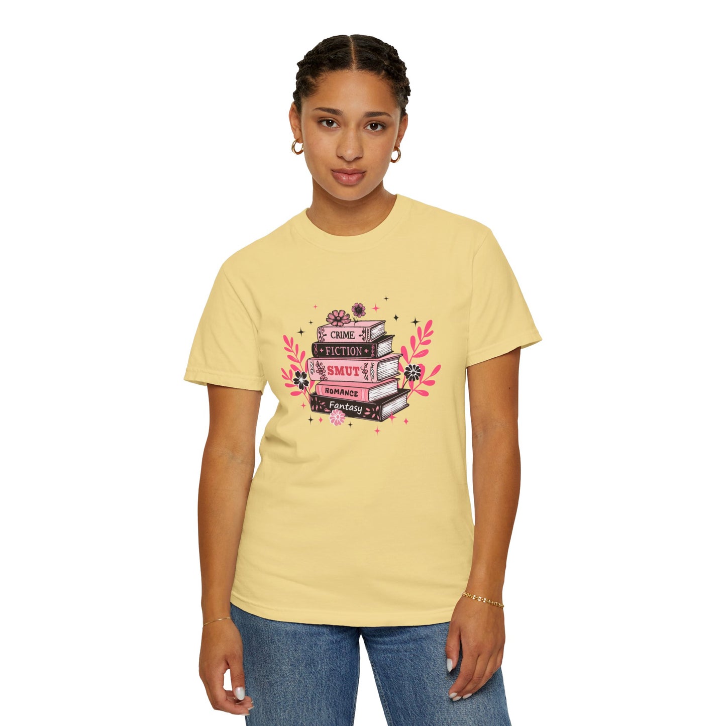 Book Stack Graphic T-Shirt — Cute Floral Reading Shirt (Crime, Fiction, Smut, Romance)