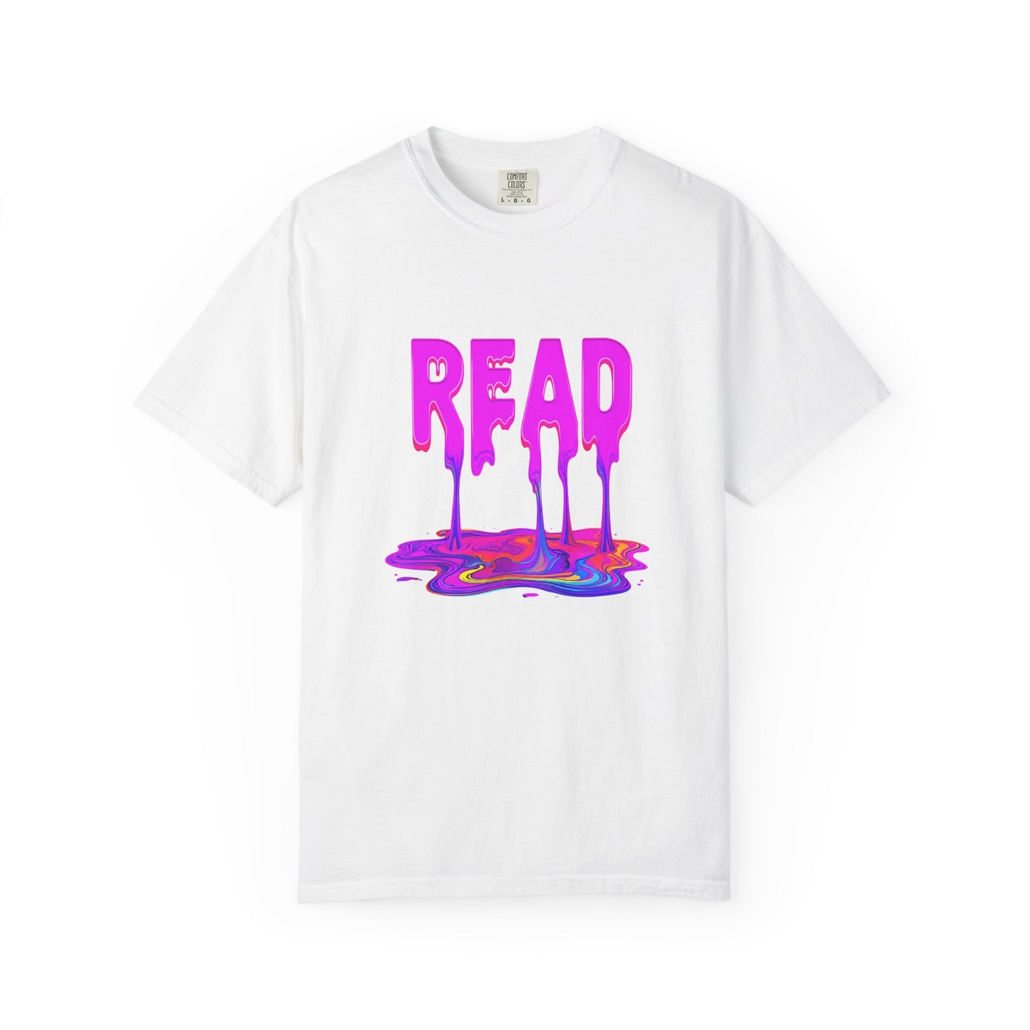 "READ" Dripping Graphic T-Shirt — Psychedelic Melting Book Design