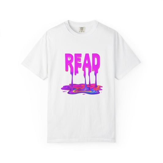 "READ" Dripping Graphic T-Shirt — Psychedelic Melting Book Design