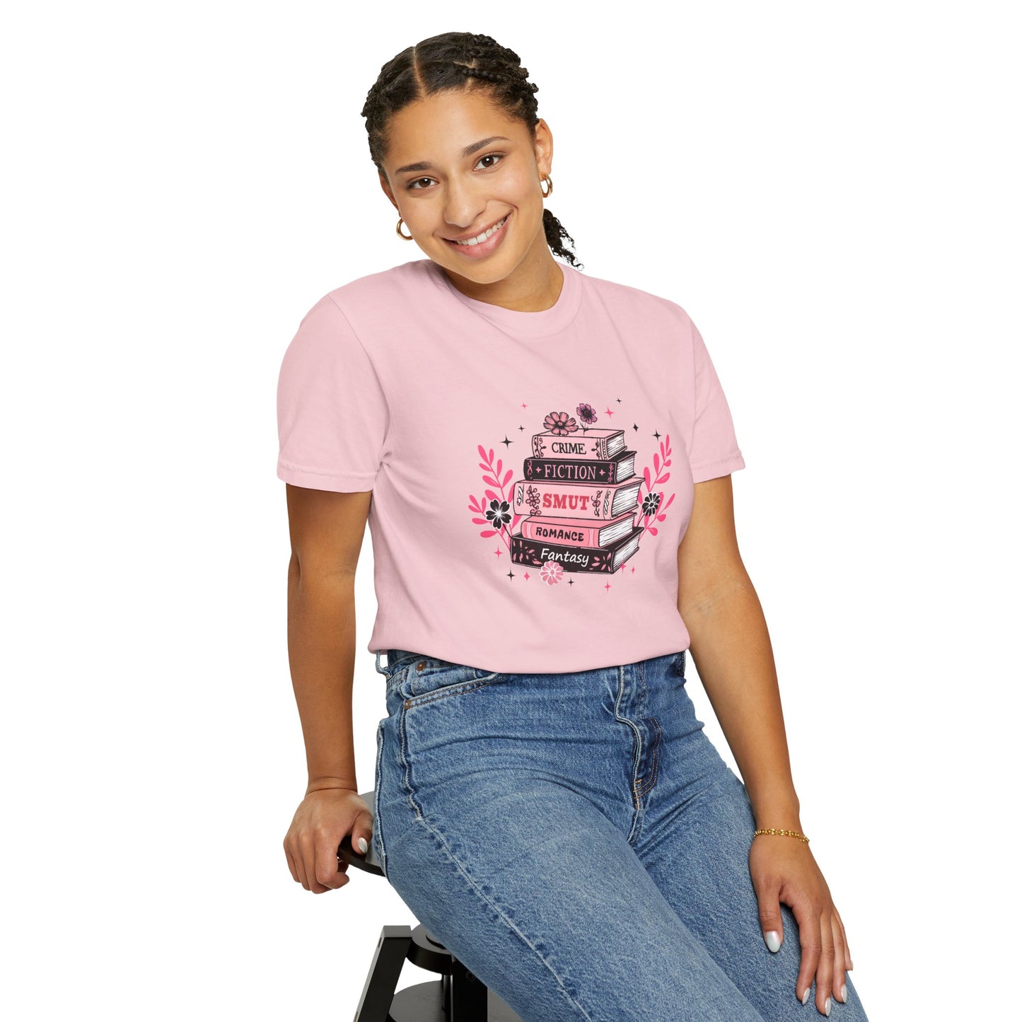 Book Stack Graphic T-Shirt — Cute Floral Reading Shirt (Crime, Fiction, Smut, Romance)